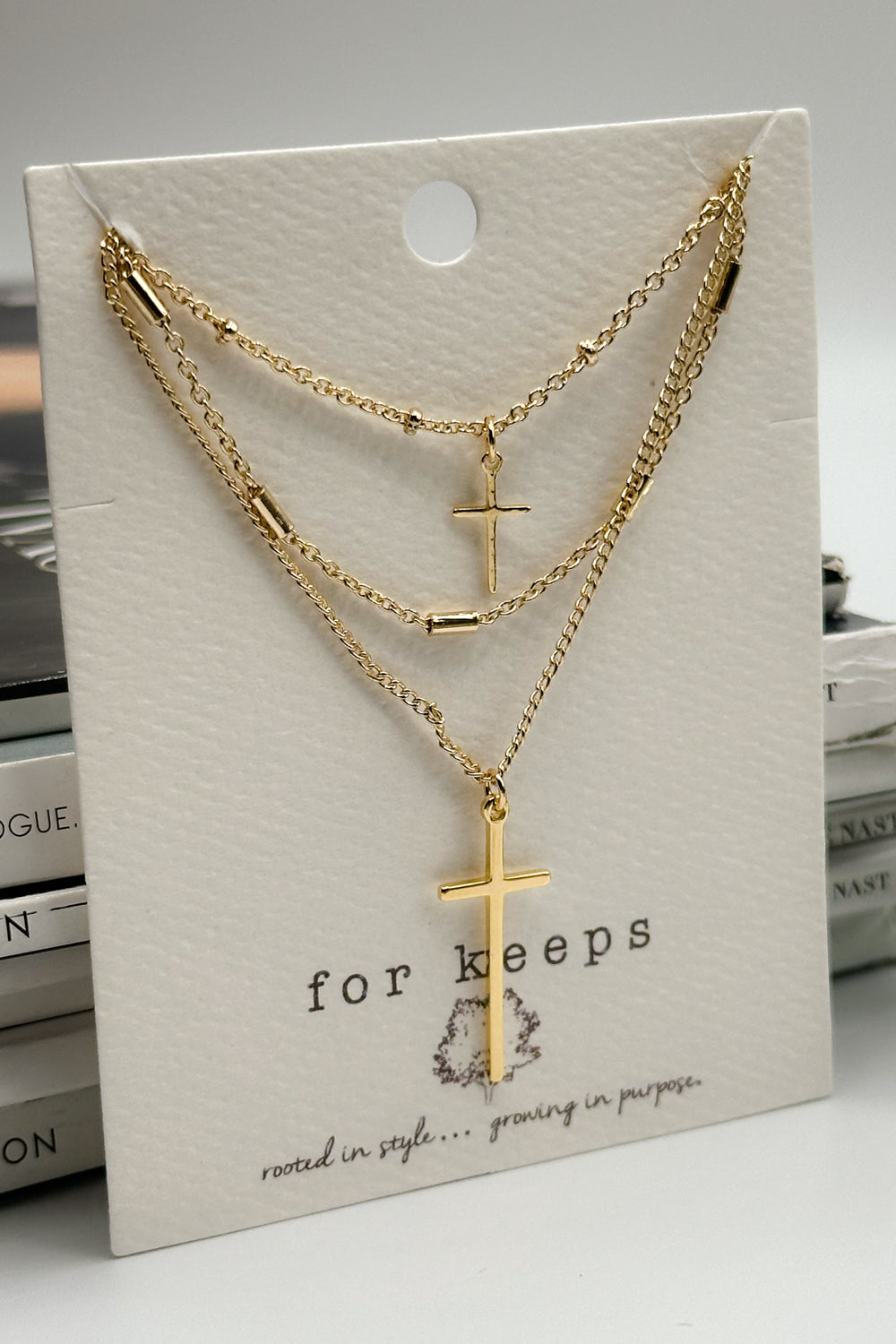 Livia Triple Layer Gold Cross Necklace- close up view