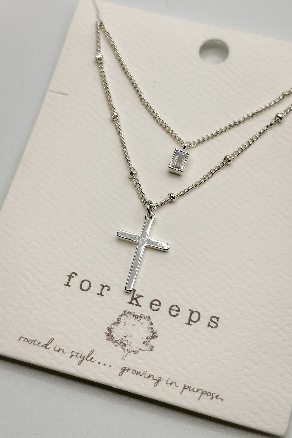 Justine Silver Double Layer Cross Necklace- close up view