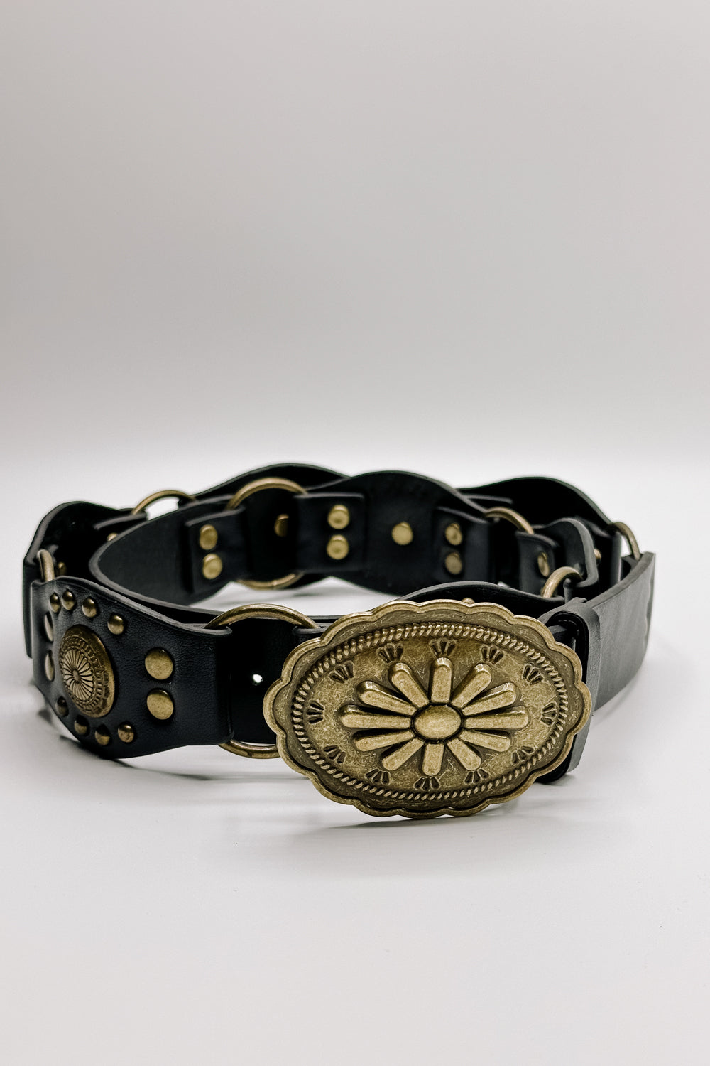 Bianca Studded Floral Buckle Belt - Black - front view