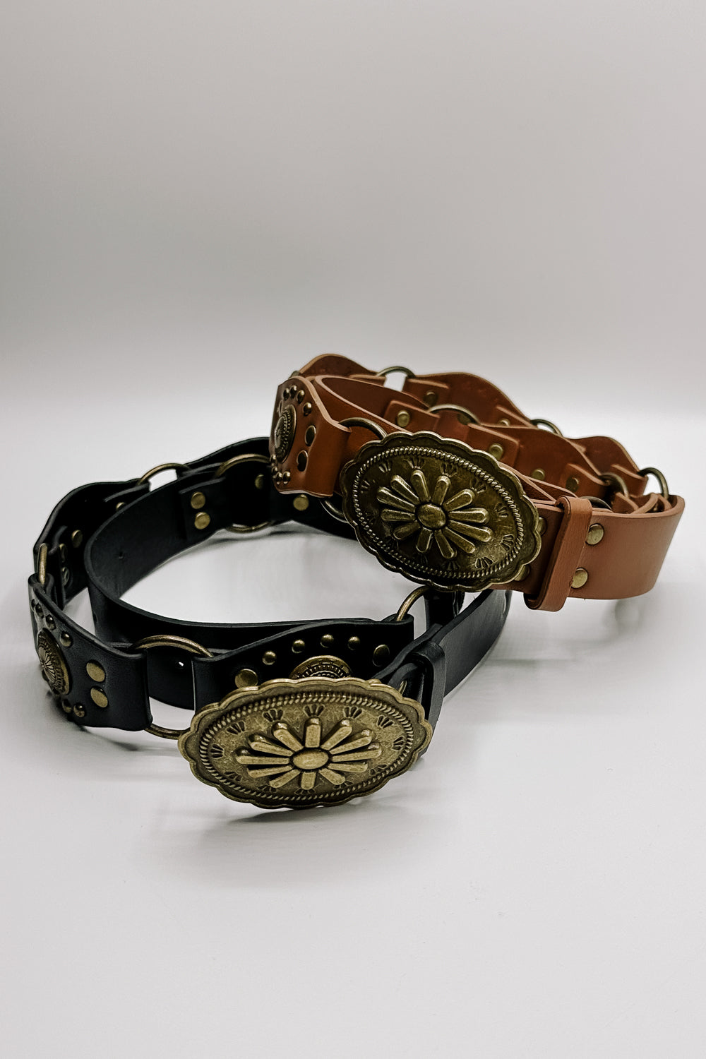 Bianca Studded Floral Buckle Belt- Black and brown