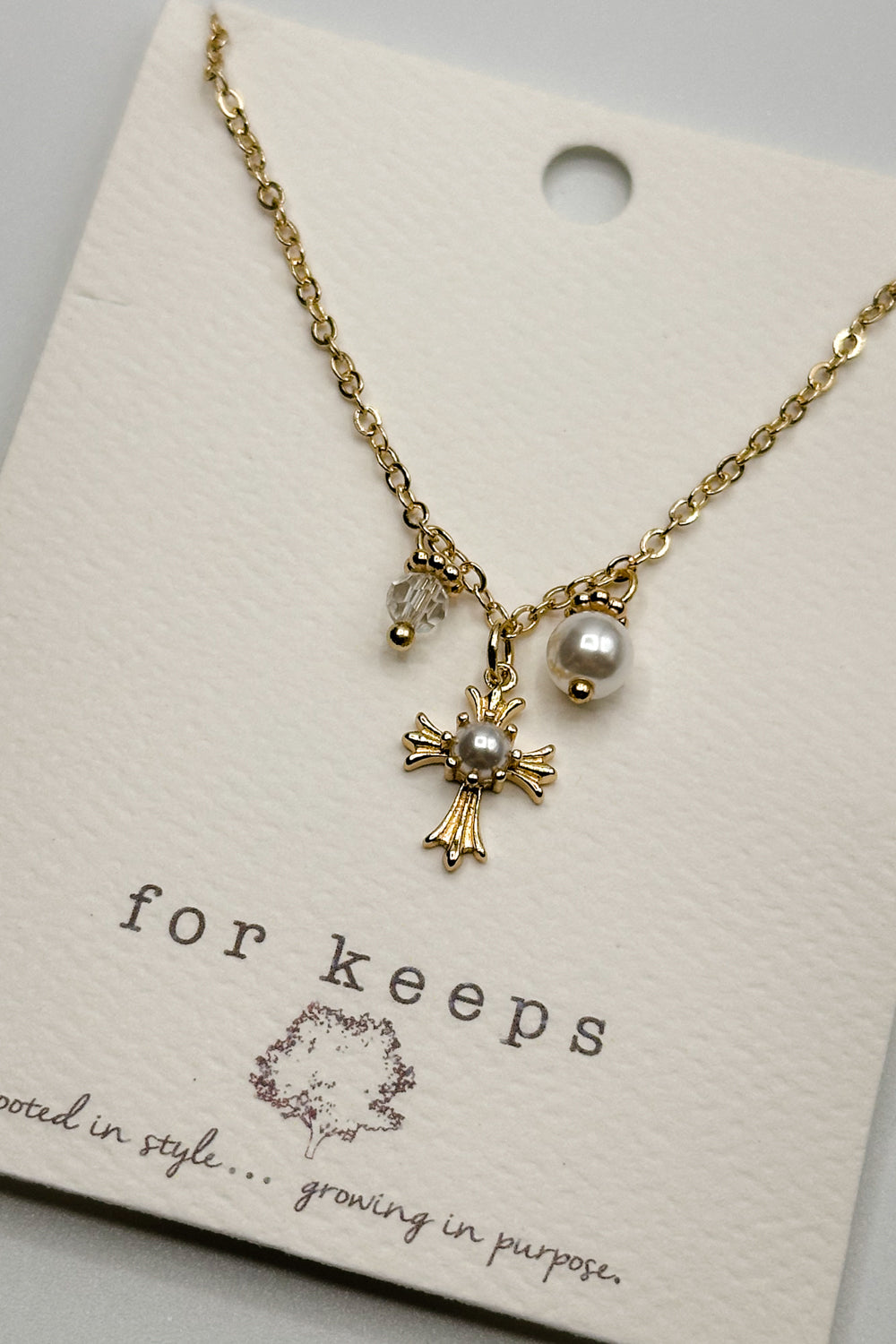 Felicity Gold Cross & Pearl Necklace- close up view