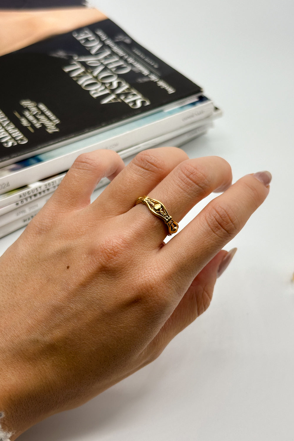 Rayna Gold Adjustable Ring- close up view