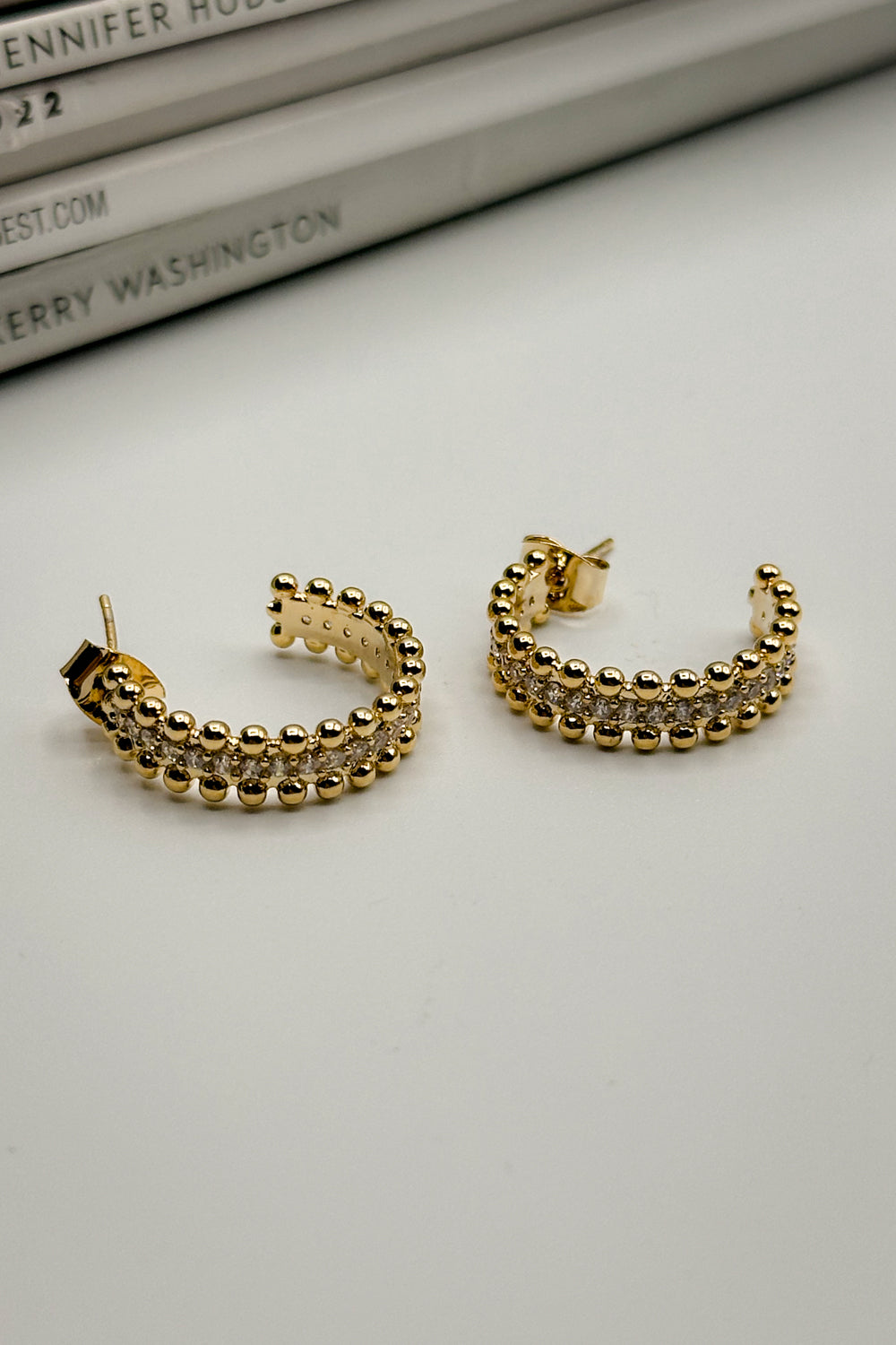 Mira Gold Beaded &amp; Rhinestone Hoops Earring- close up view