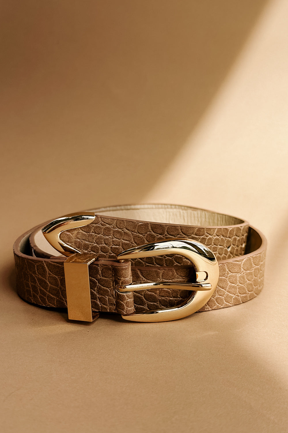 Rhea Taupe Croc & Gold Buckle Belt- front view