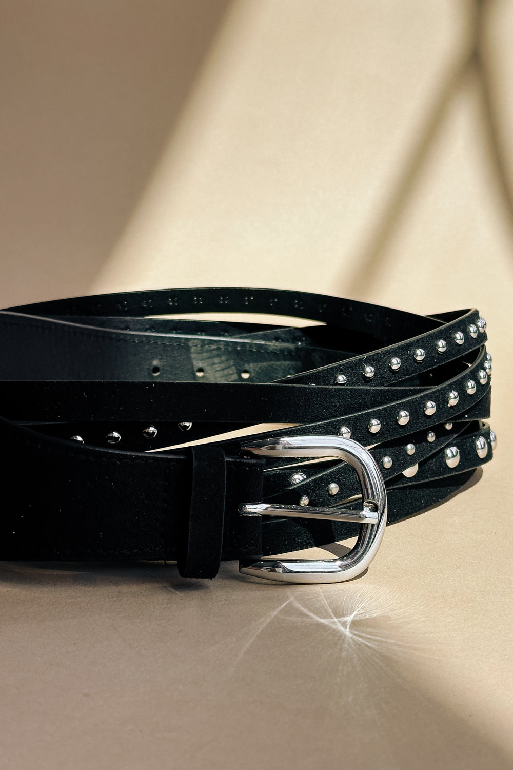 Andie Black and Silver Studs Adjustable Belt- front view