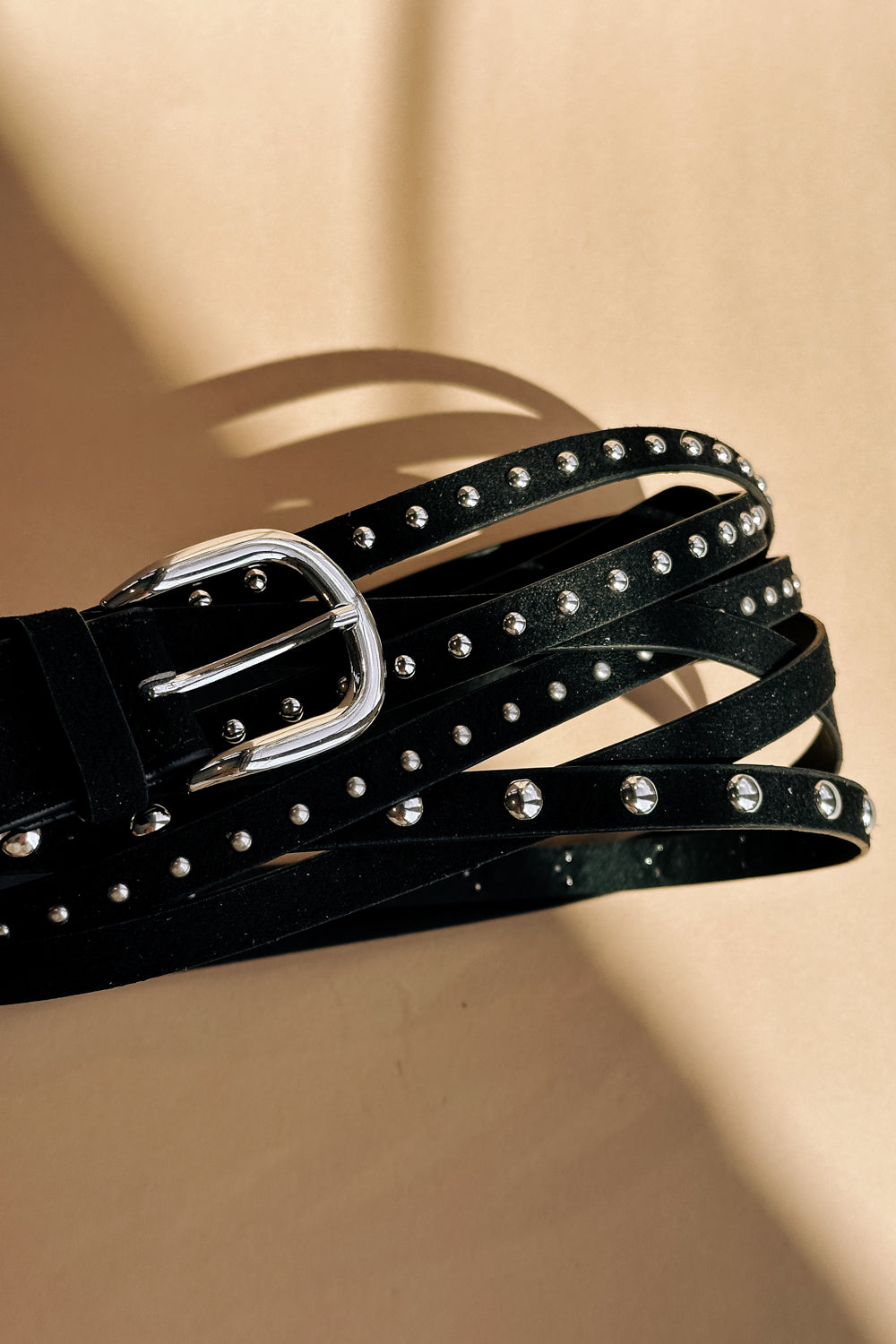 Andie Black and Silver Studs Adjustable Belt- close up view