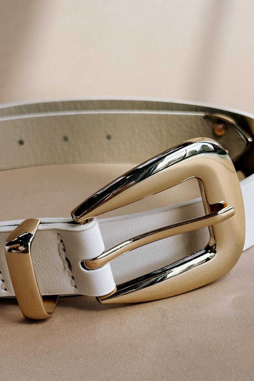 Elizabeth Ivory & Gold Buckle Belt- close up front view