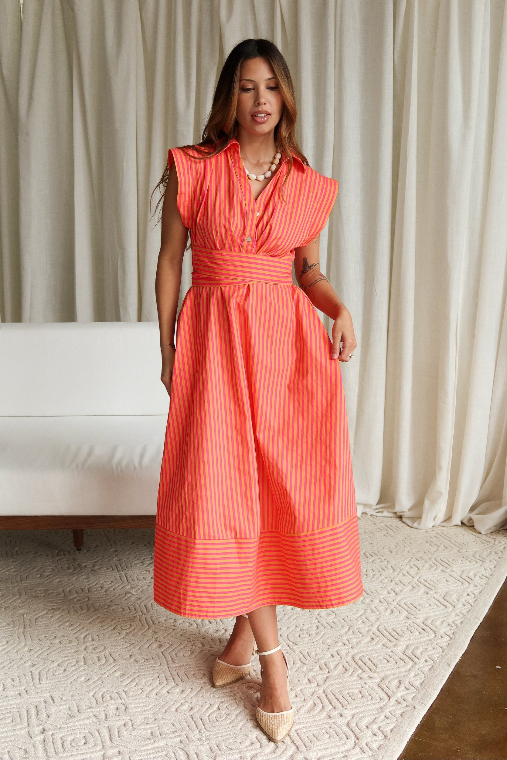 Layla Orange & Pink Stripe Midi Dress