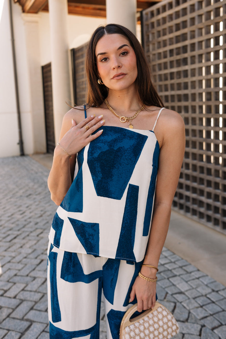 Cora Navy & Cream Geometric Tank- front top view