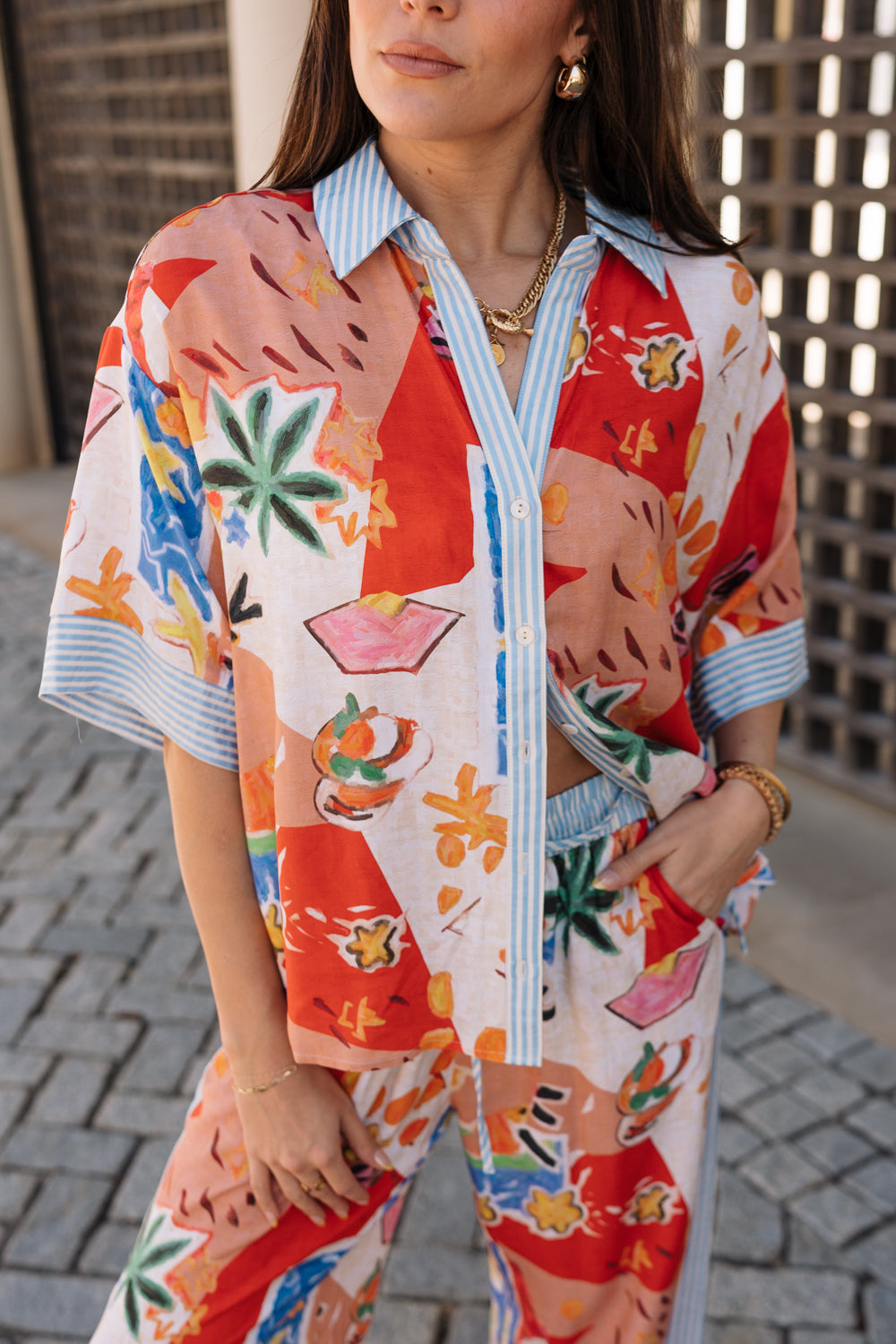 Alexa Multi Tropical Short Sleeve Top- close up front top view