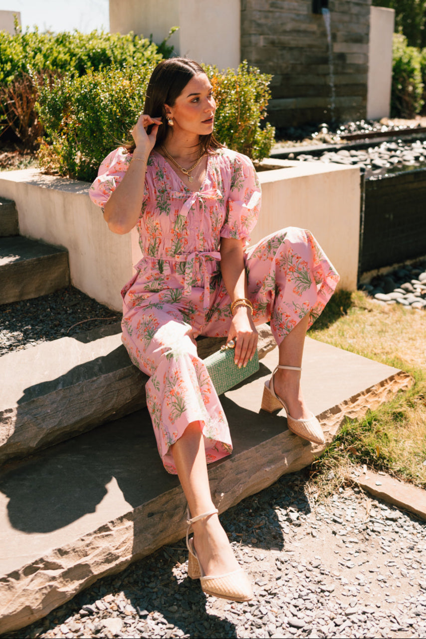 Paloma Pink Floral Puff Sleeve Jumpsuit - full body sitting view