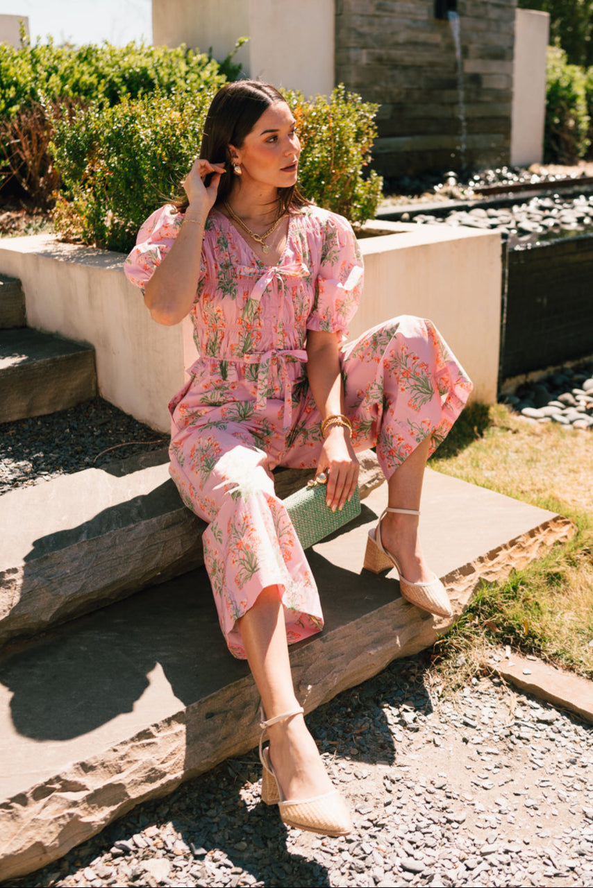 Pre-Order Pink Floral Print Twisted Bandeau Keyhole Pleated Wide Leg Jumpsuit main image 0