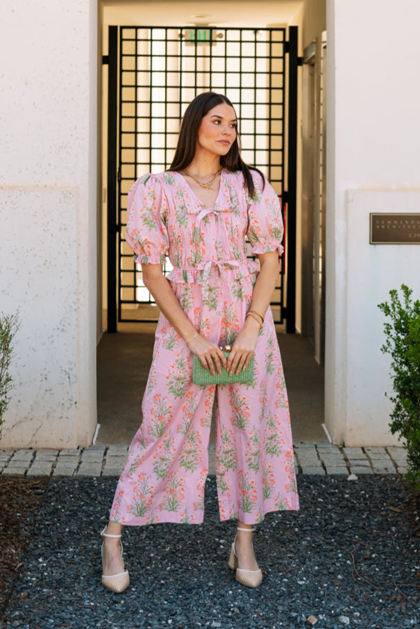 Paloma Pink Floral Puff Sleeve Jumpsuit - full body front view