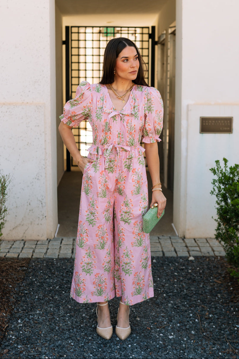 Paloma Pink Floral Puff Sleeve Jumpsuit - front