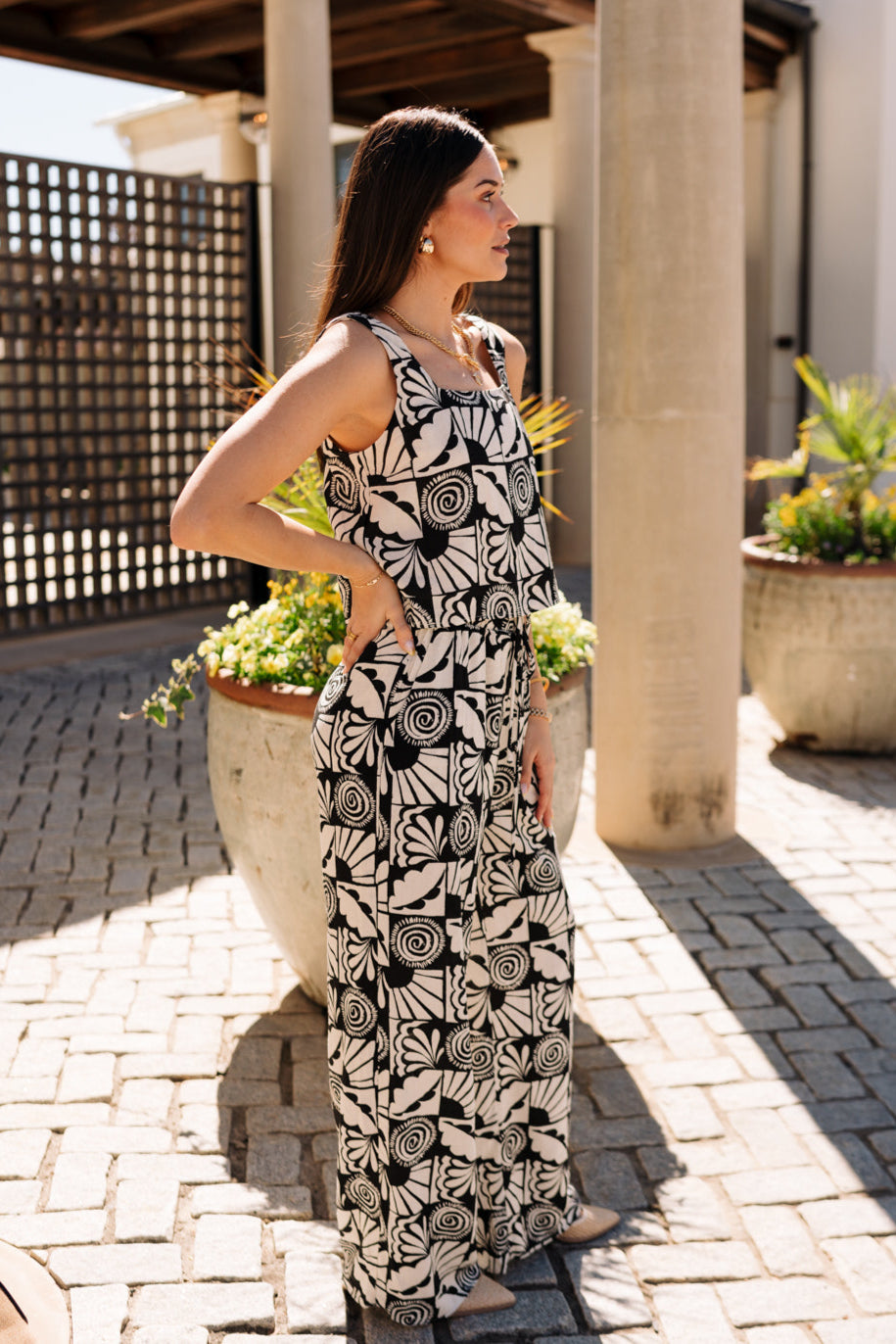 Leilani Black & Cream Printed Tank Top - full body side view