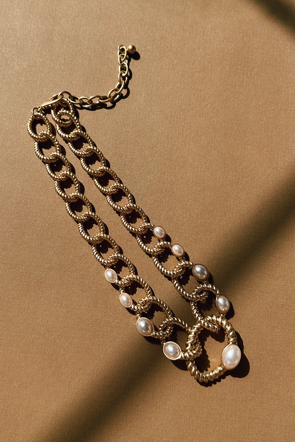 Luna Brushed Gold Rope & Pearl Chain Necklace- flat lay view