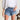 Just USA: Celine Medium Wash Distressed Denim Shorts- front view
