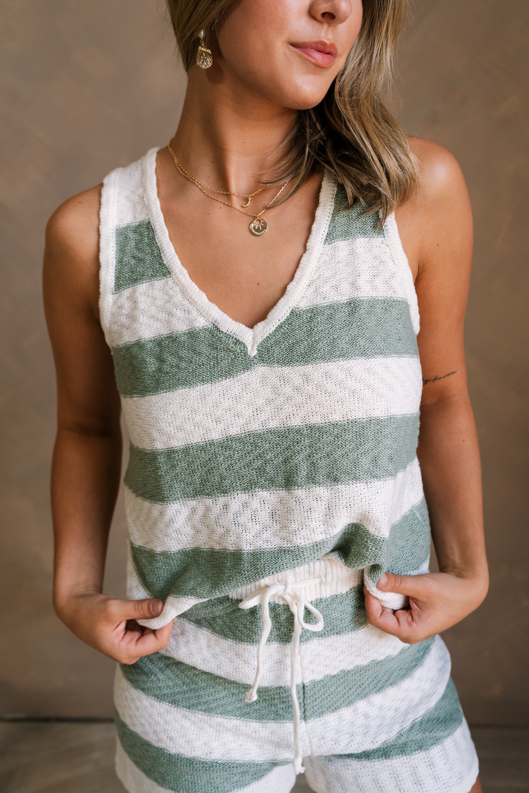 Adeline Sage & Cream Stripe Knit Tank- close up top view