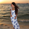 Melanie Cream & Blue Seashell Midi Dress - full body front view on beach