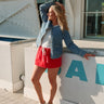 Courtney Red Denim Skort - full front view on 5'4 model