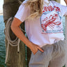 Seafood Bar White Multi Graphic Tee- close front view on blonde model