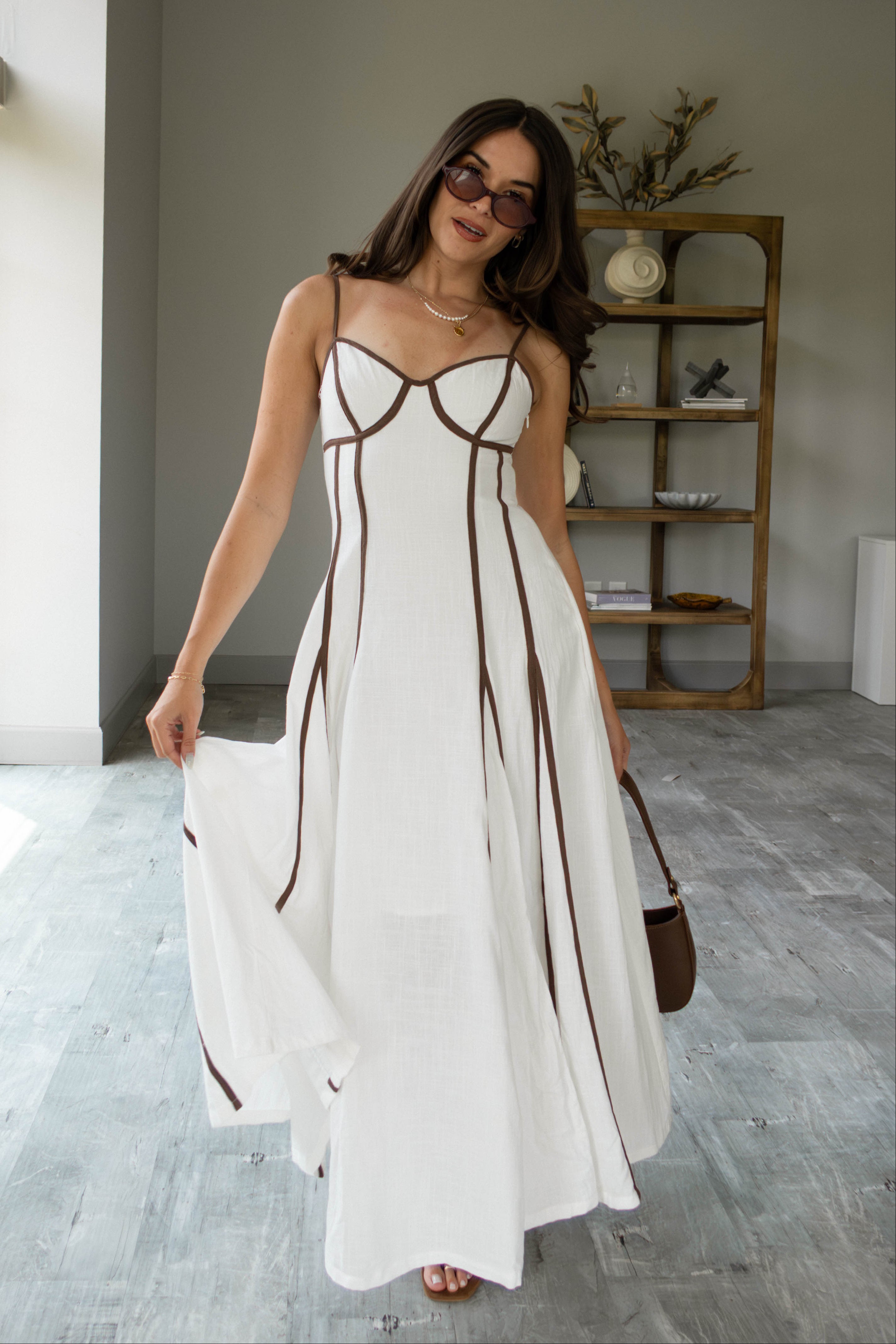 Selene White & Brown Flare Maxi Dress M Selene White & Brown Flare Maxi Dress M