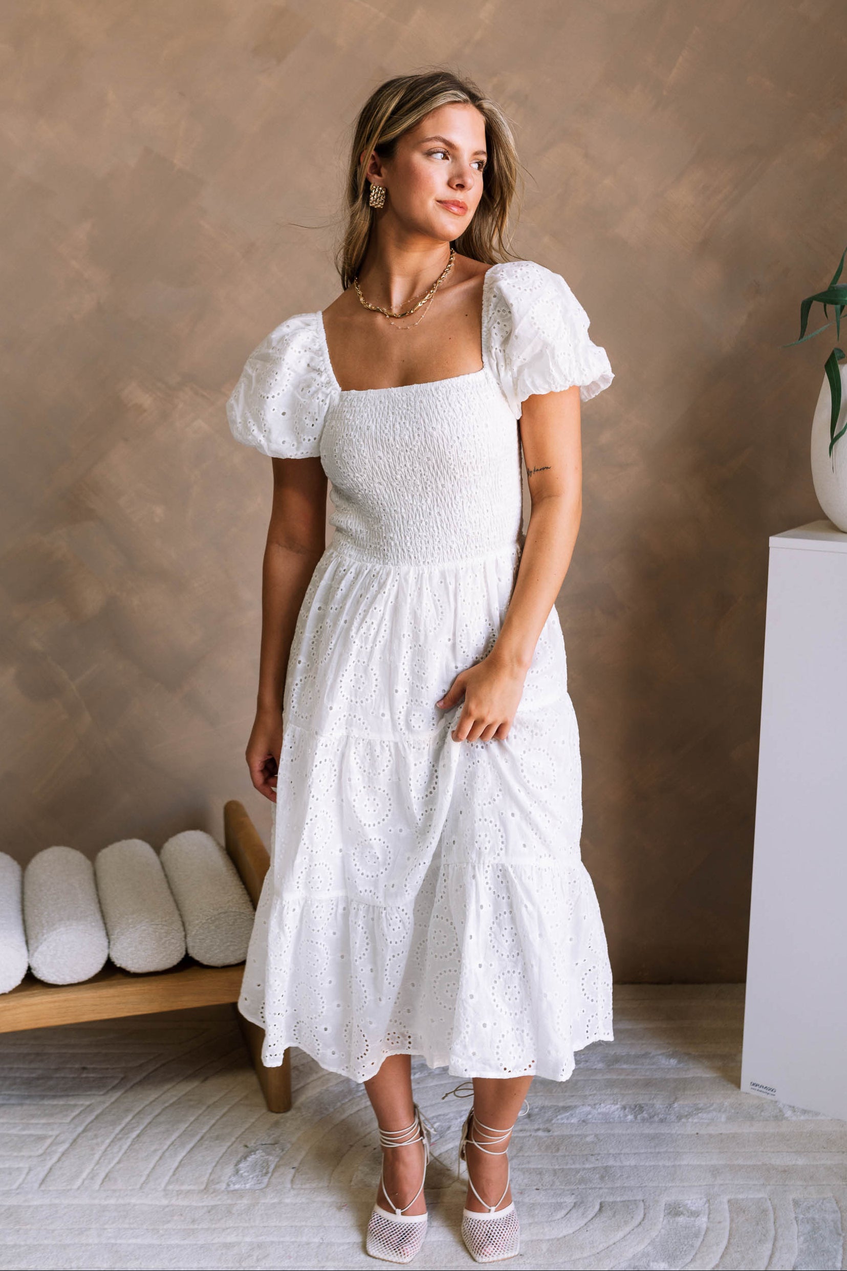 Miley White Eyelet Tiered Midi Dress - Lizard Thicket Miley White Eyelet Tiered Midi Dress - Lizard Thicket