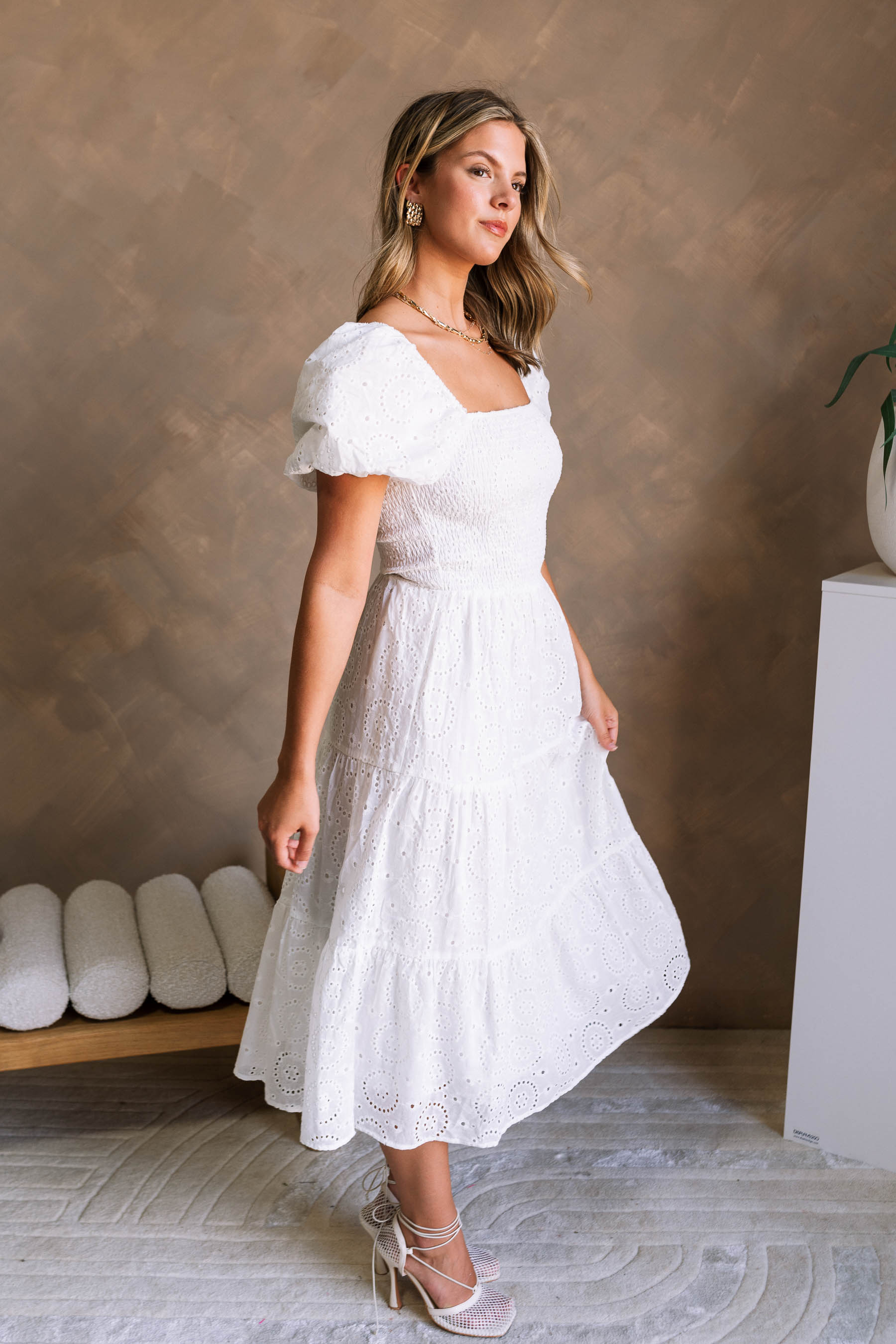 Miley White Eyelet Tiered Midi Dress