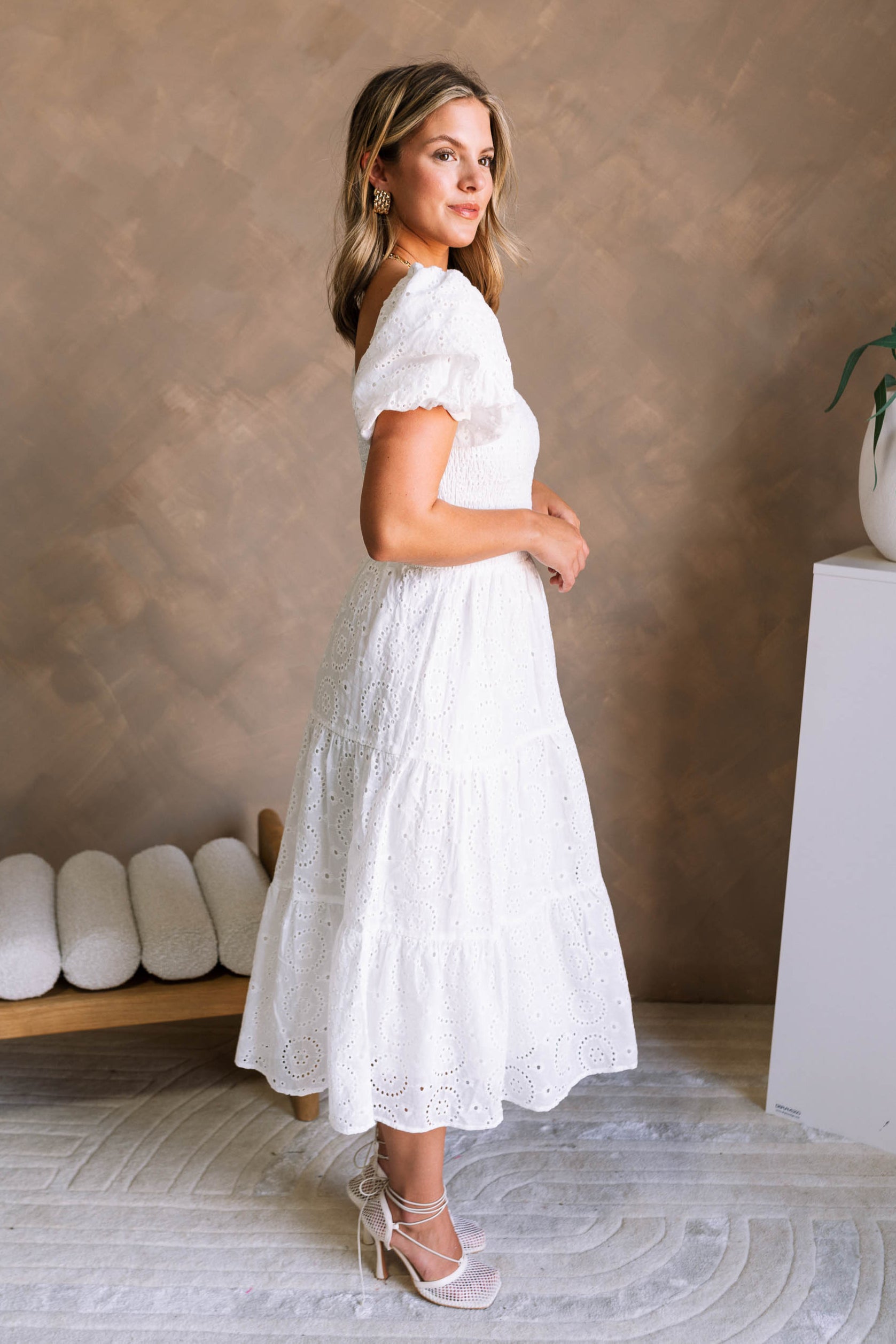 Miley White Eyelet Tiered Midi Dress