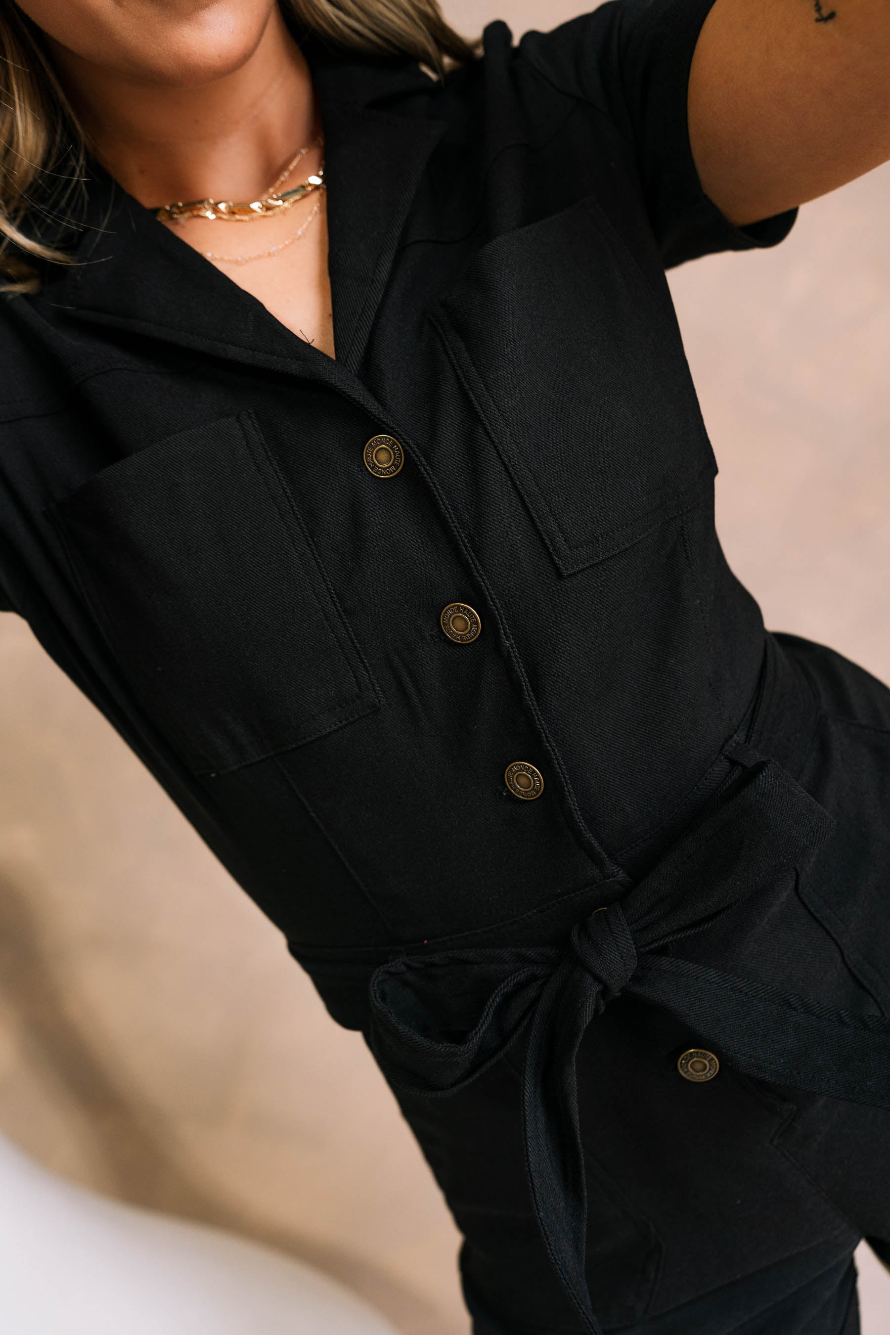 Nova Black Short Sleeve Belted Romper - Lizard Thicket