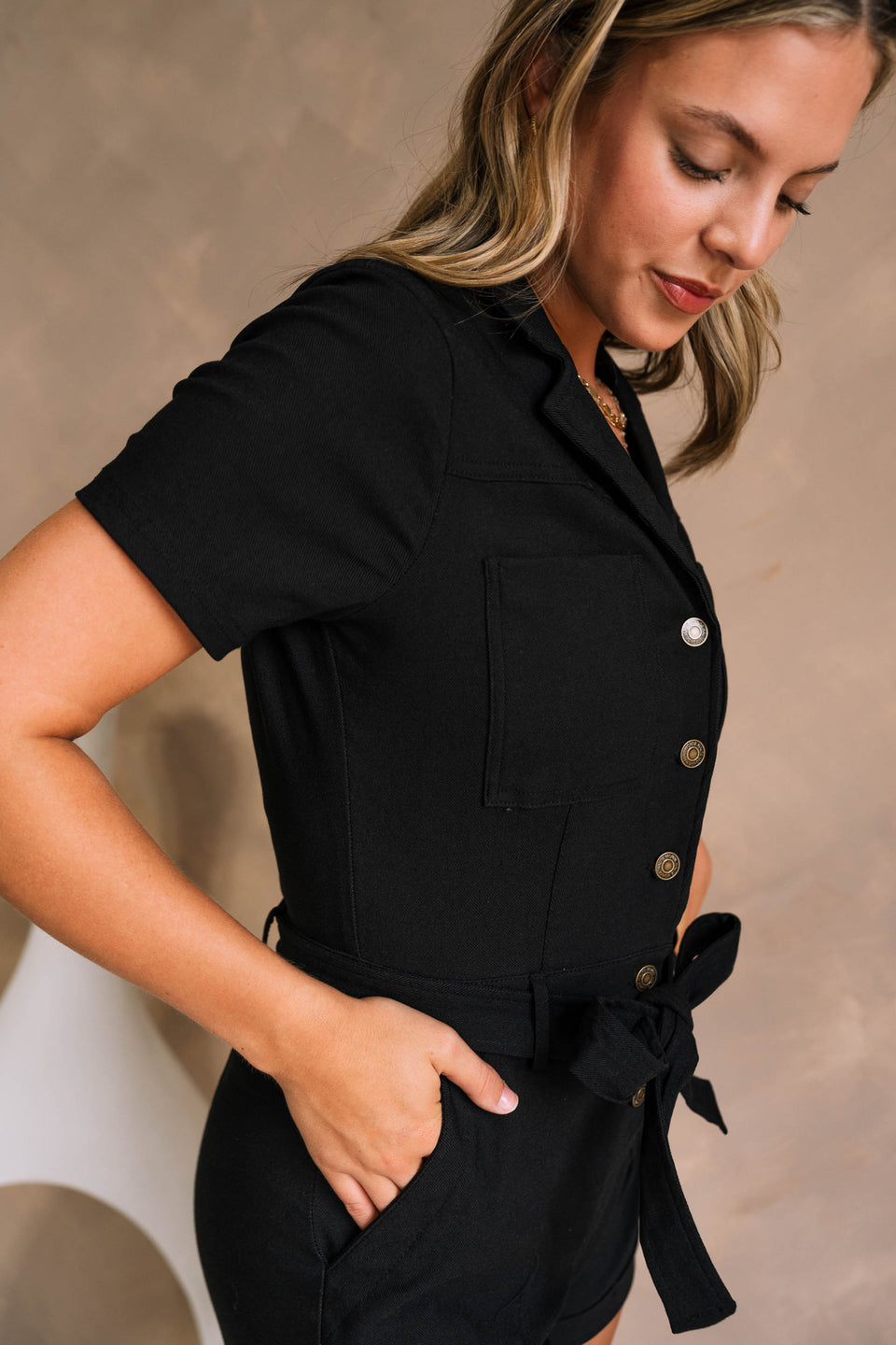 Nova Black Short Sleeve Belted Romper - Lizard Thicket