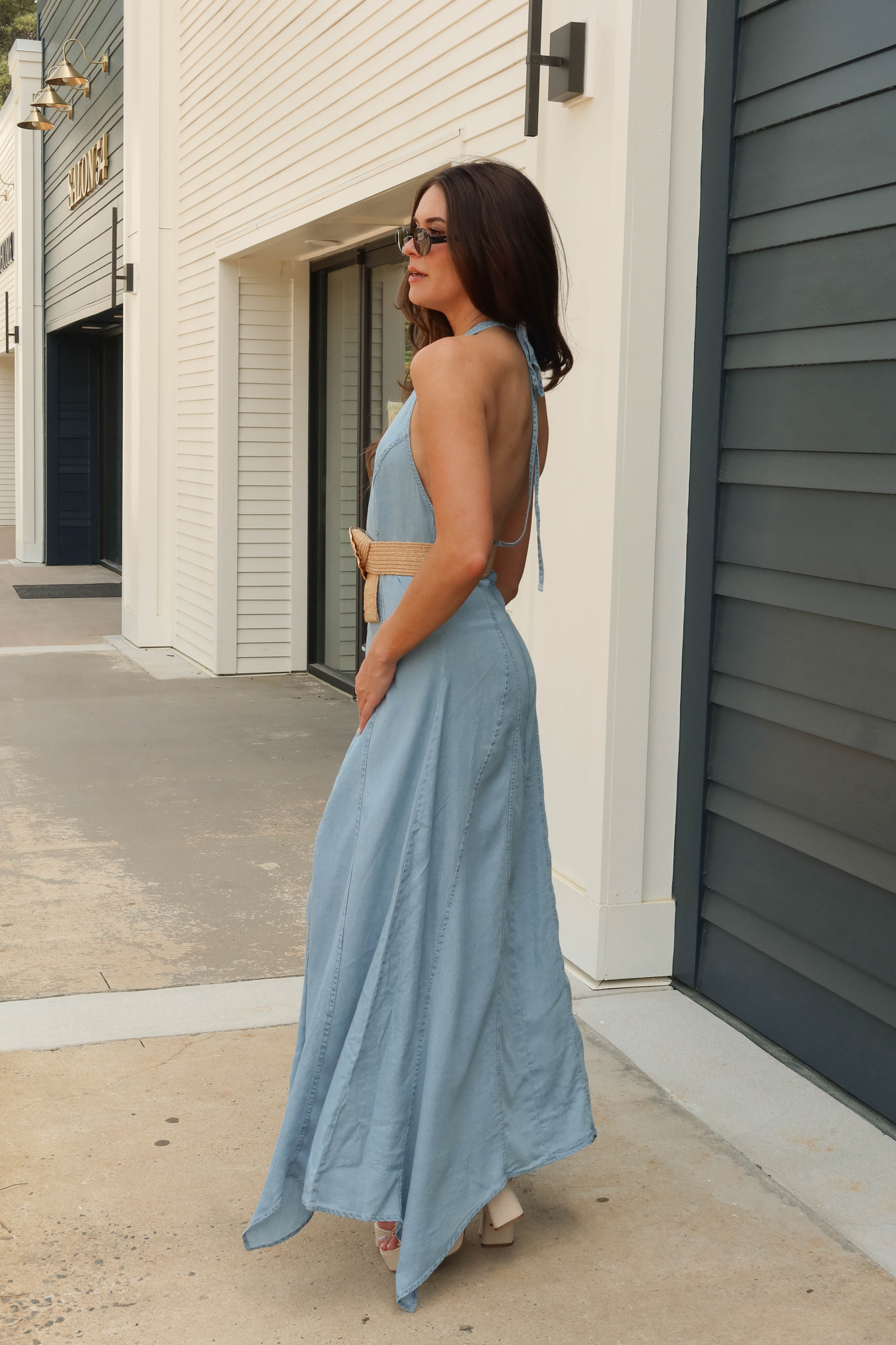 Blue Chambray Halter Maxi Dress - Mabel Dress M Blue Chambray Halter Maxi Dress - Mabel Dress M