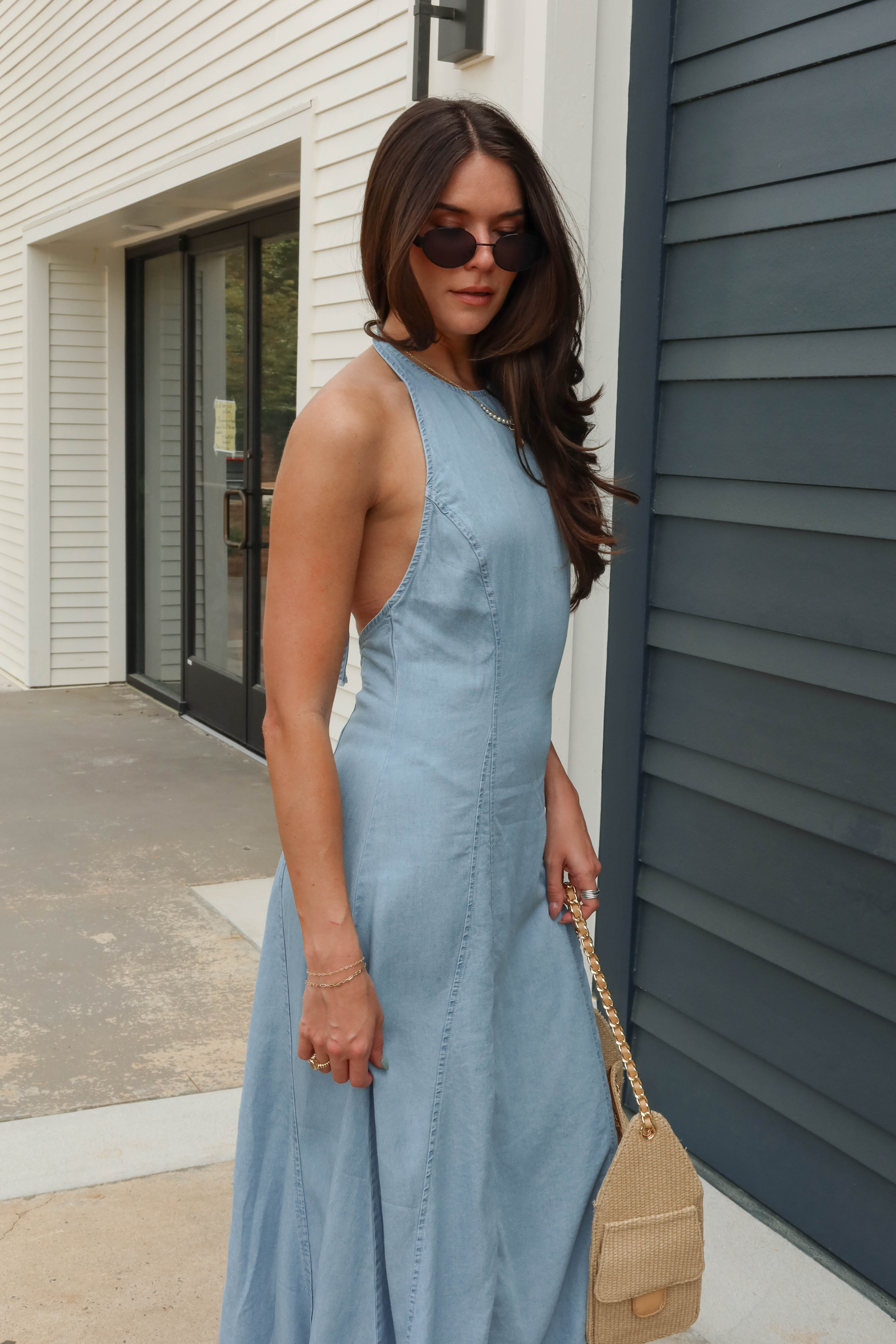 Blue Chambray Halter Maxi Dress - Mabel Dress M Blue Chambray Halter Maxi Dress - Mabel Dress M