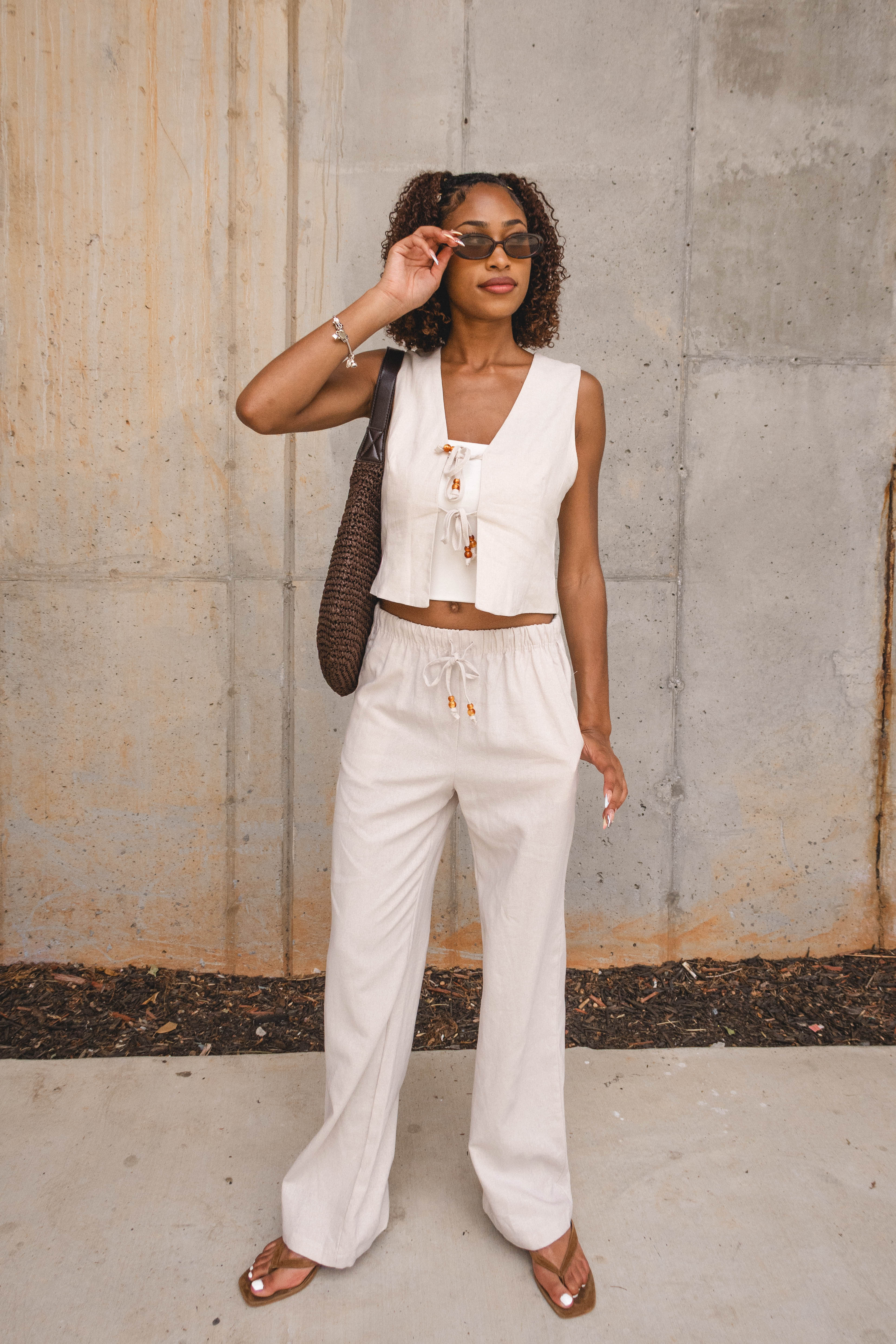 Verona Natural Linen Tie Front Vest - Lizard Thicket