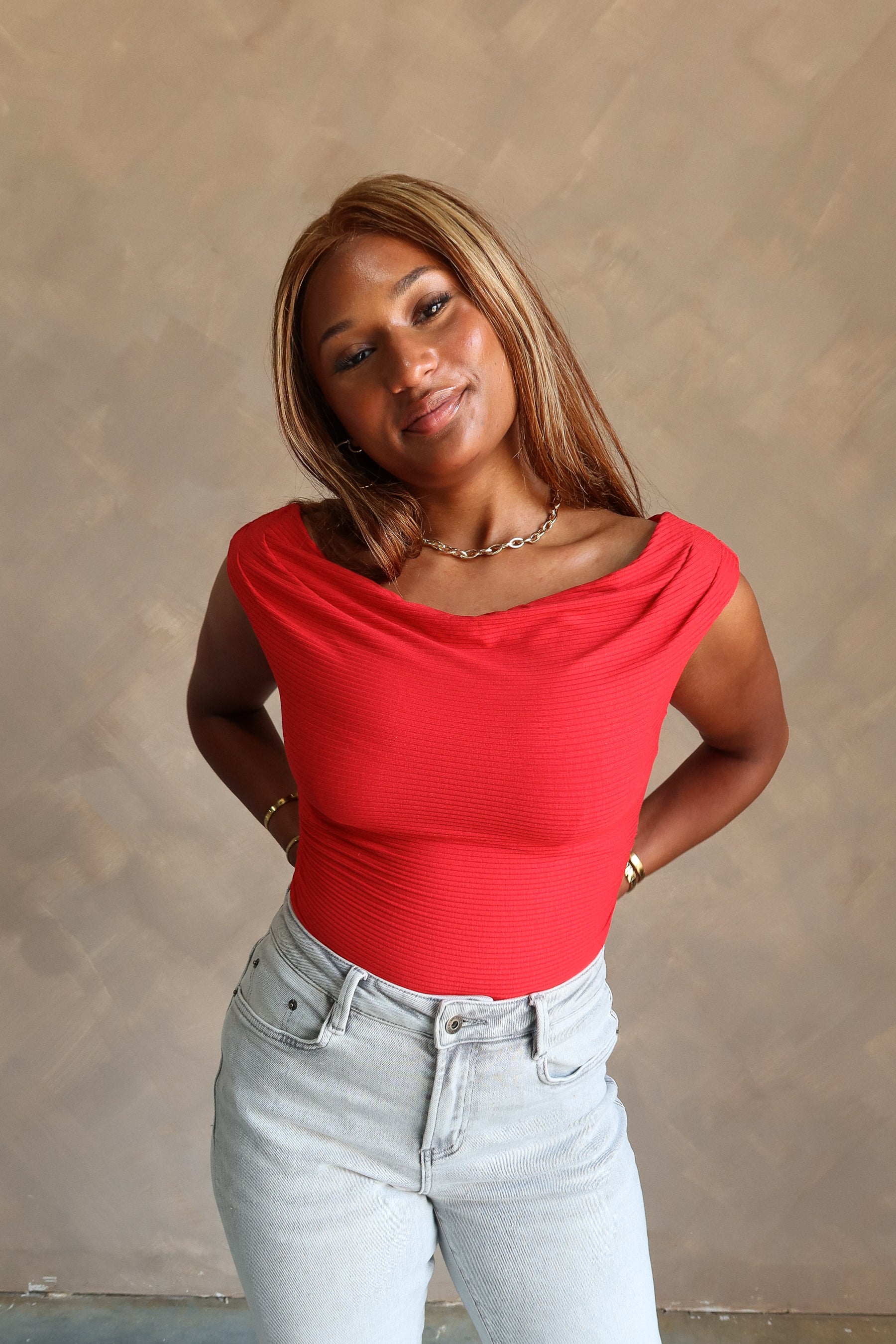 Ashleigh Red Cowl Neck Ruched Tank Top - front view