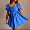 Rhea Royal Blue Short Puff Sleeve Mini Dress- front full view
