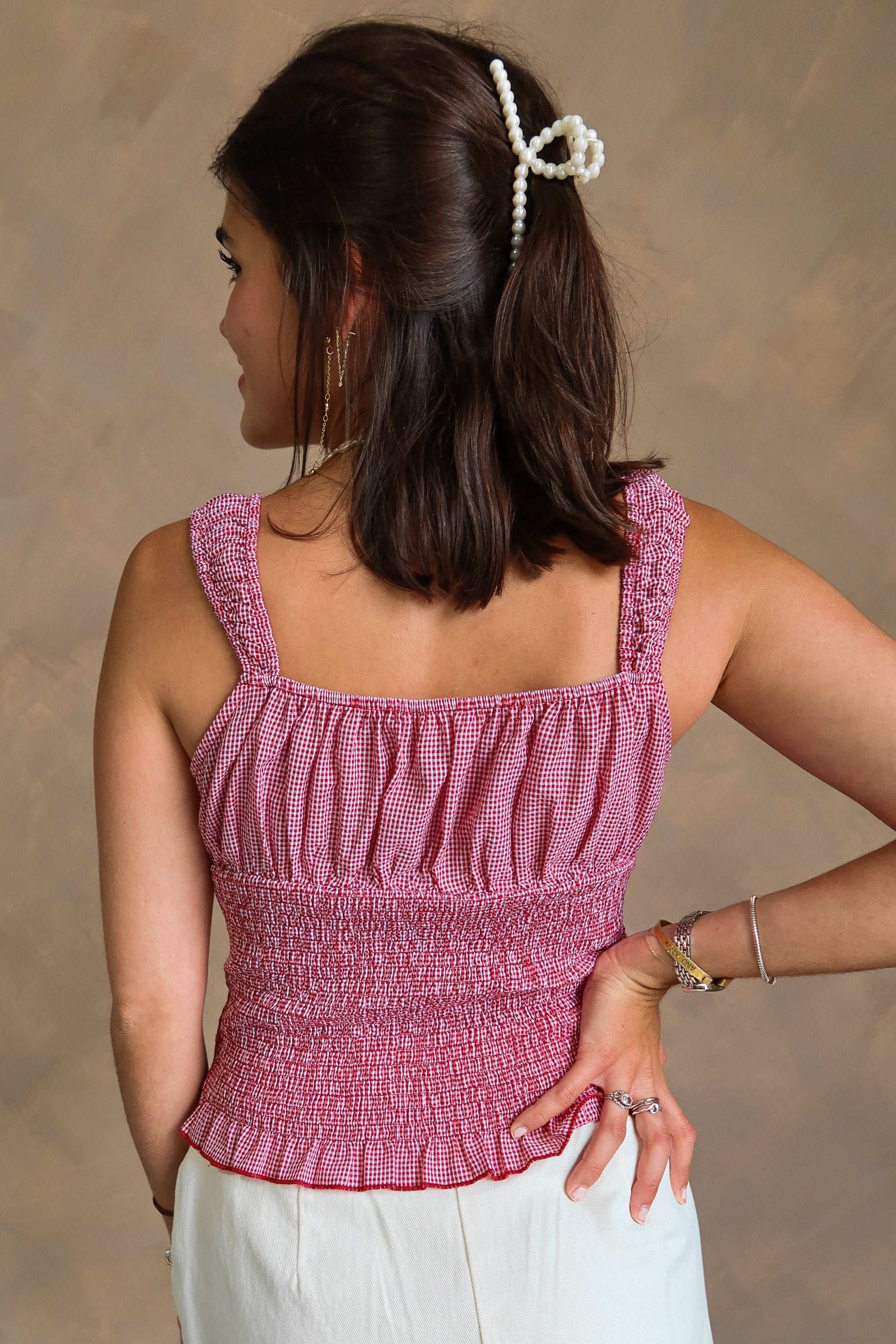 Bonnie Red & White Plaid Ruffle Tank- close up back view