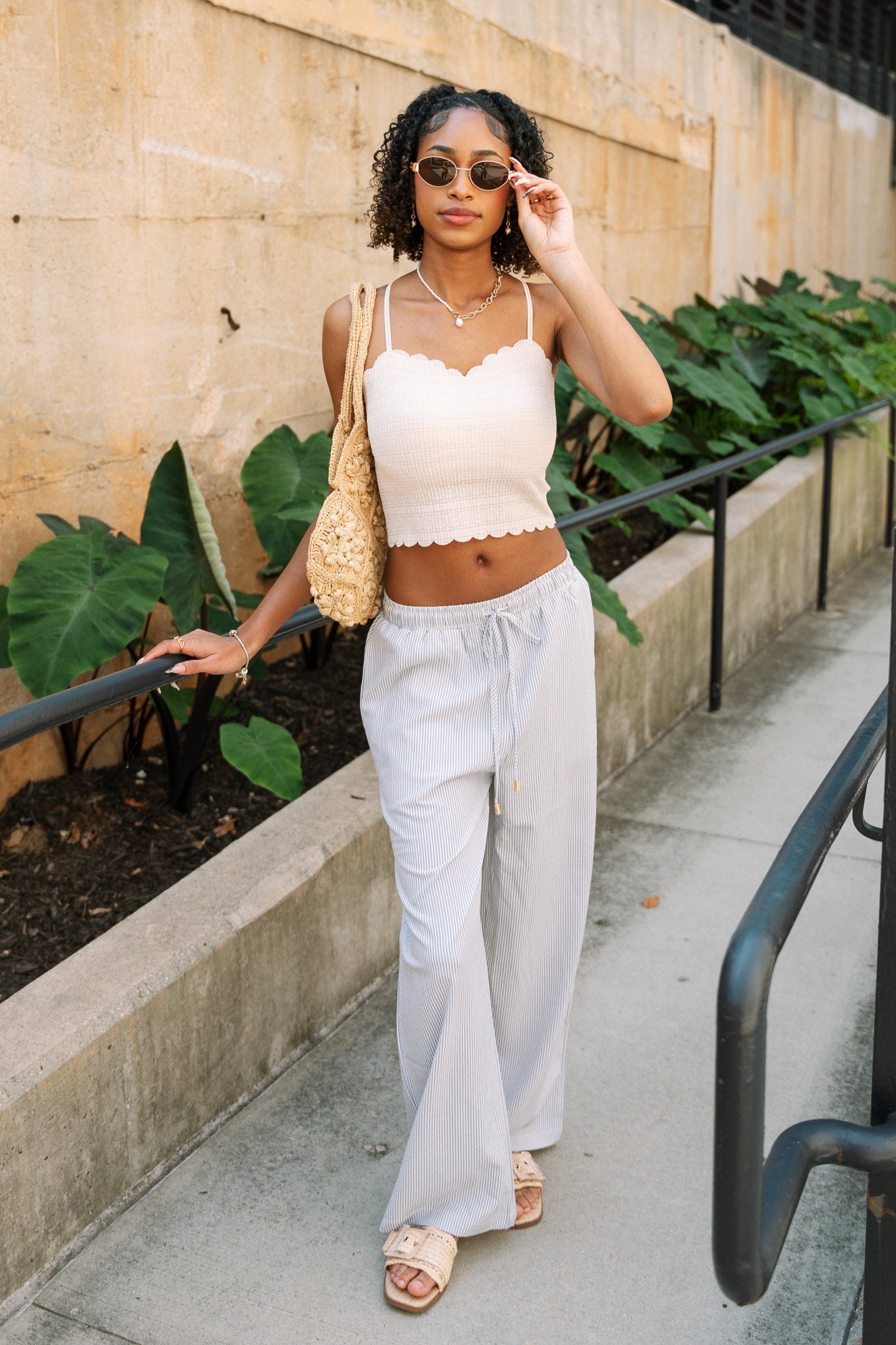 Harlow Blue & White Stripe Wide Leg Pants- full body view