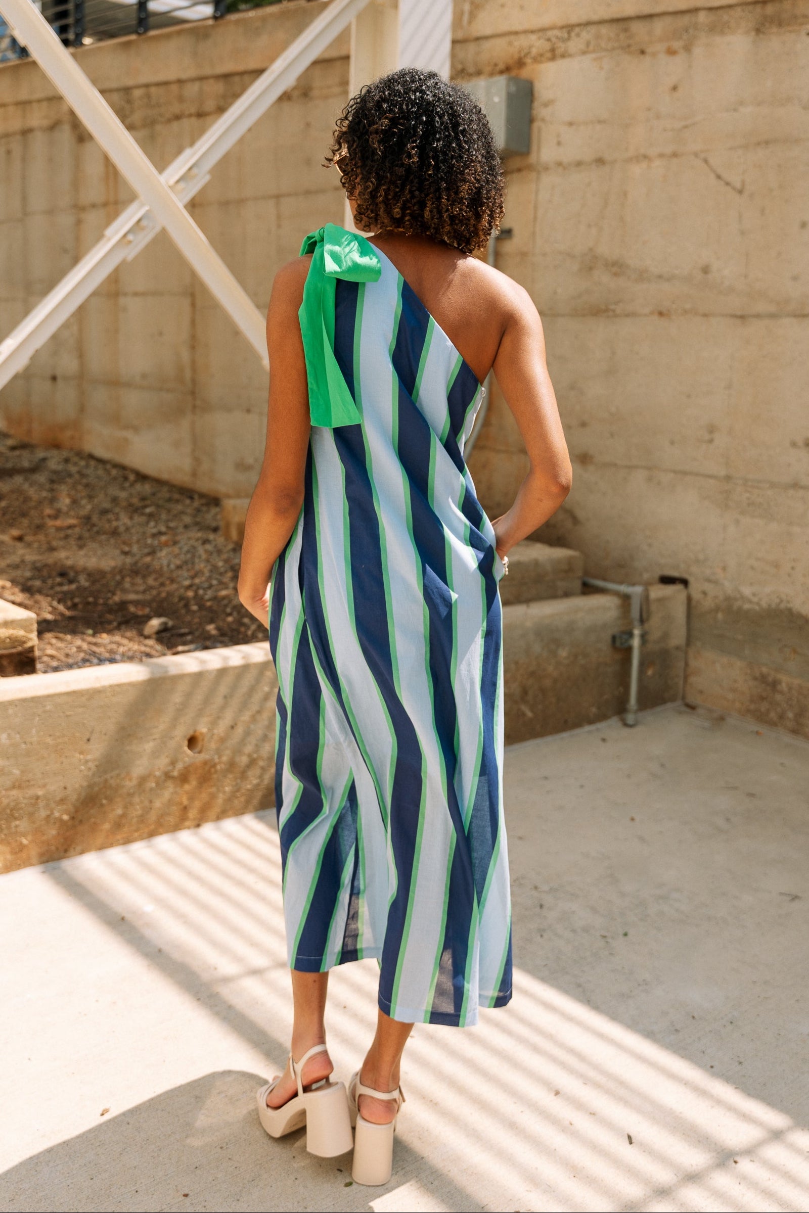 Mylah Blue & Green Stripe Midi Dress- full back view