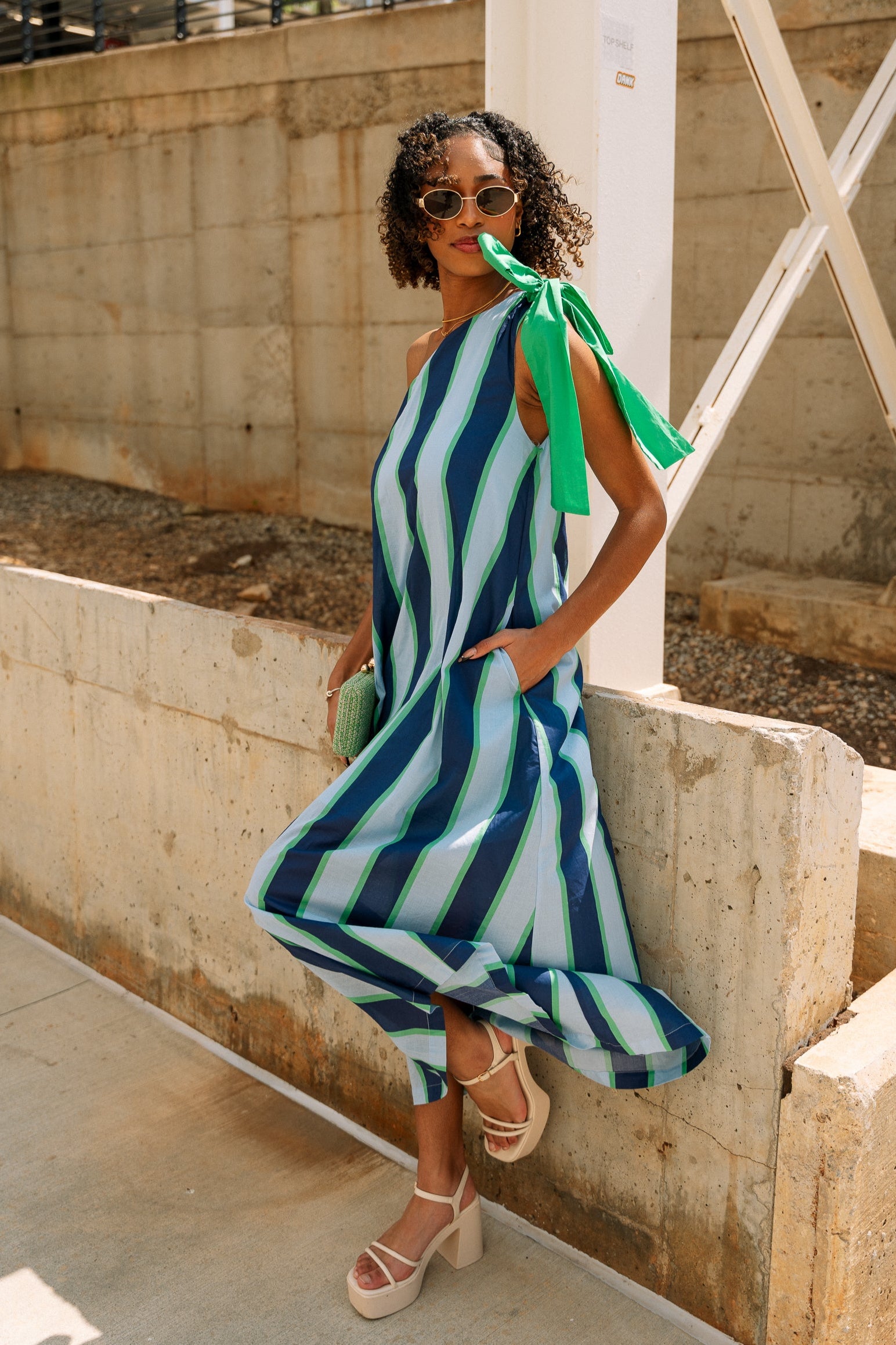 Mylah Blue & Green Stripe Midi Dress- frontal right side full view