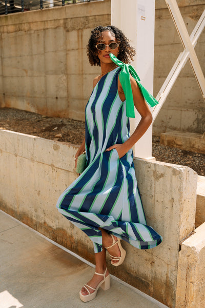 slim fit dress slacks Mylah Blue & Green Stripe Midi Dress