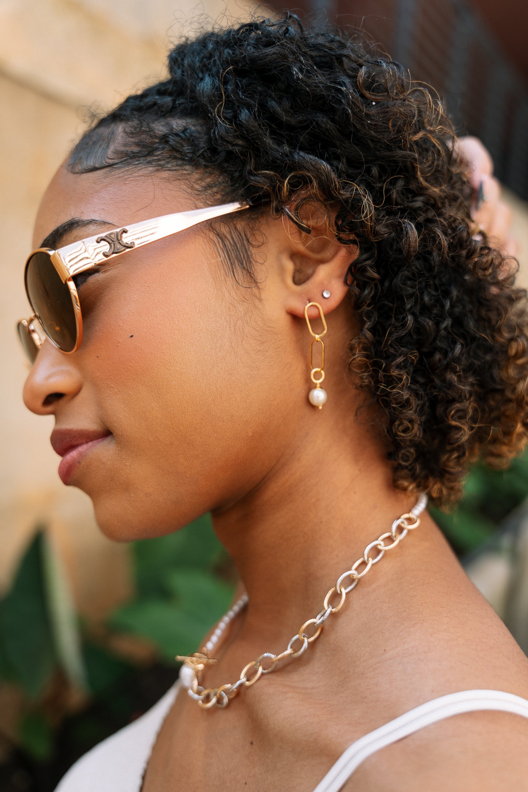 Selene Gold Filled & Pearl Dangle Earring- close up side view