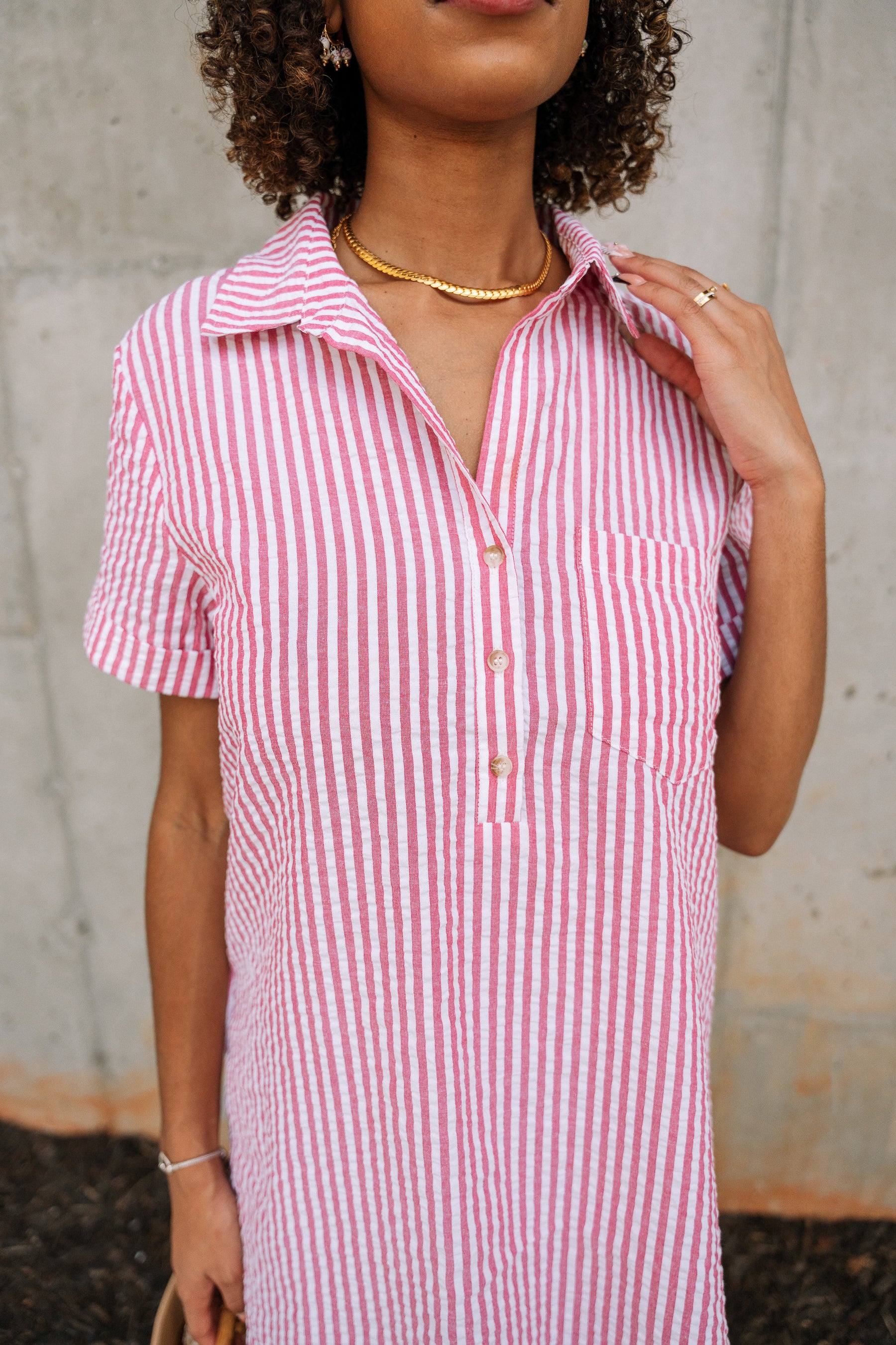 Leona Red & White Stripe Mini Dress- close up front view