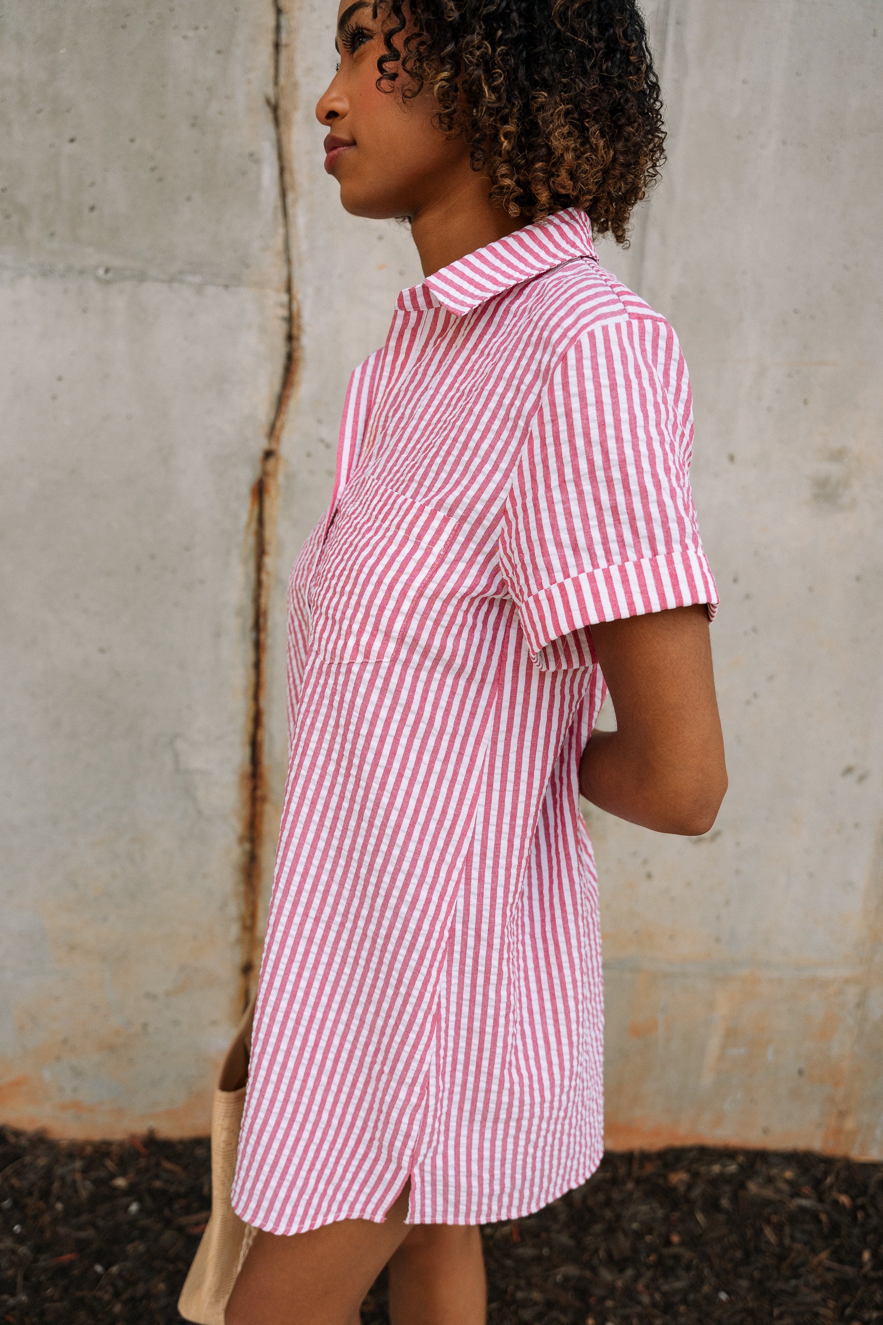 Leona Red & White Stripe Mini Dress- close up side view