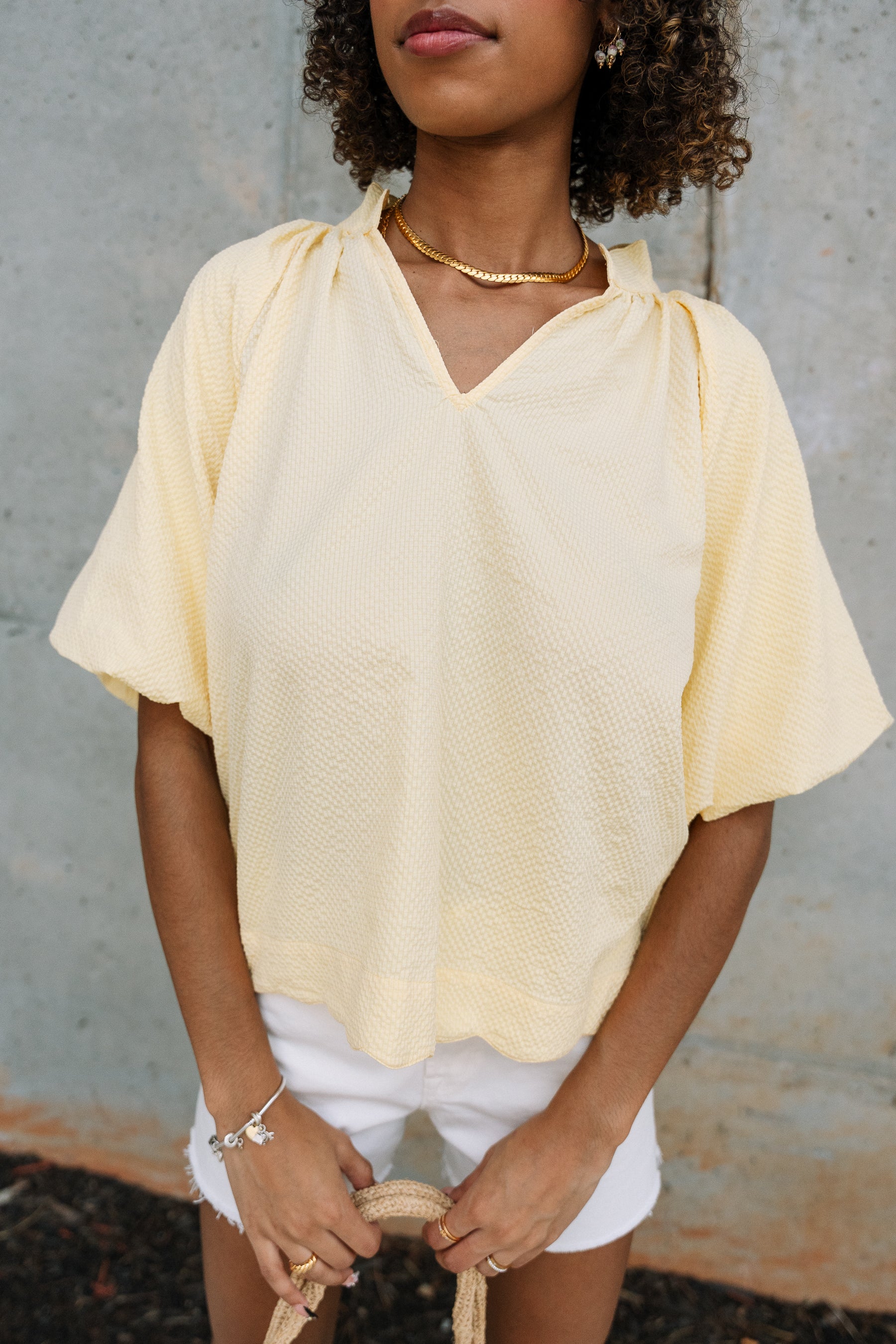 Brinley Yellow Scallop Short Sleeve Top- frontal top view