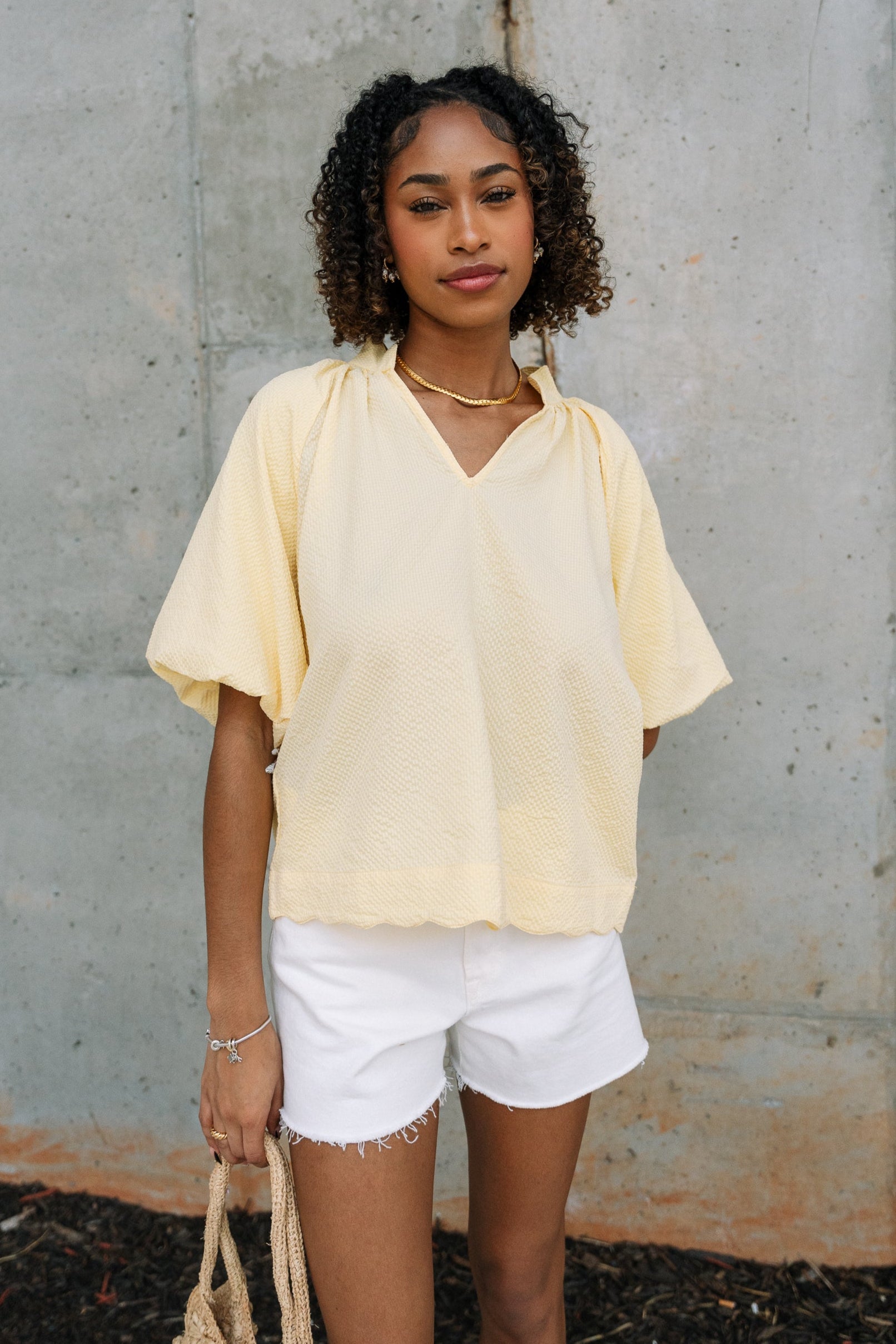 Brinley Yellow Scallop Short Sleeve Top- top view