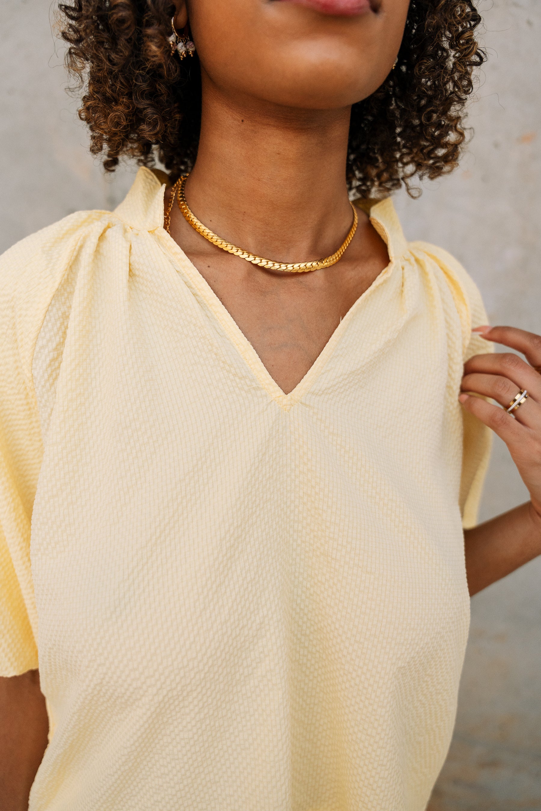Brinley Yellow Scallop Short Sleeve Top- close up top view