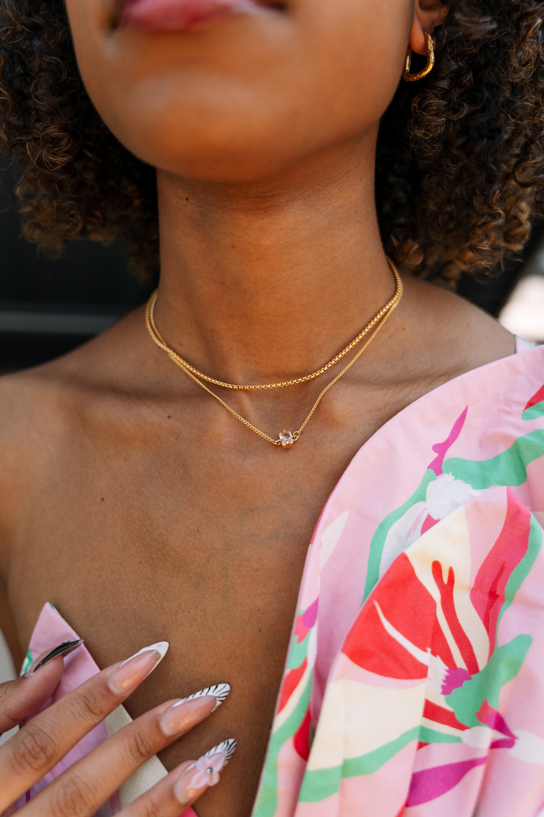 Julissa Rhinestone & Gold Chain Layered Necklace- close up front view