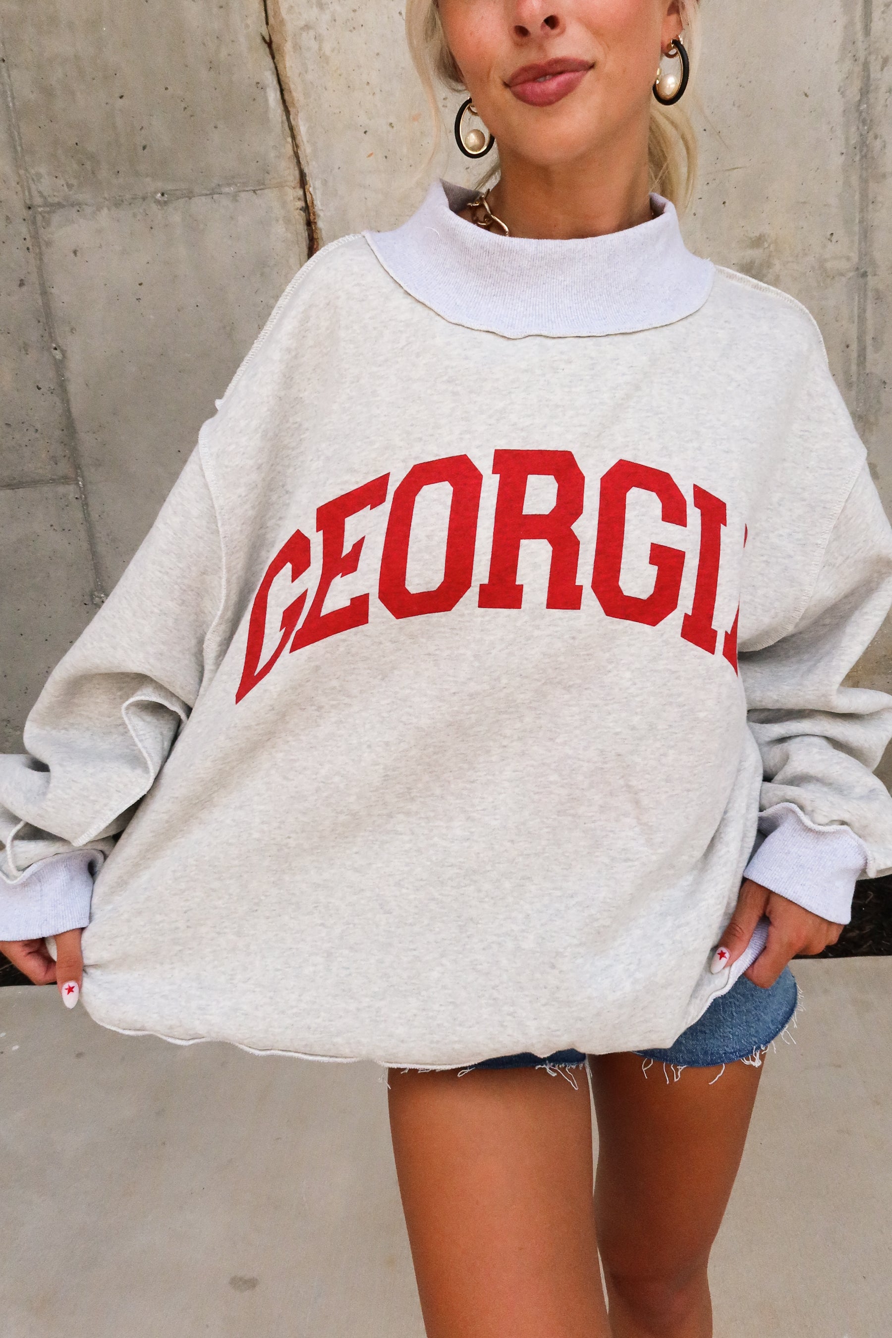 Georgia Reversible Mock Neck Sweatshirt- close up top view