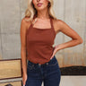 Brooke Brown & Gold Medallion Halter Tank- front view